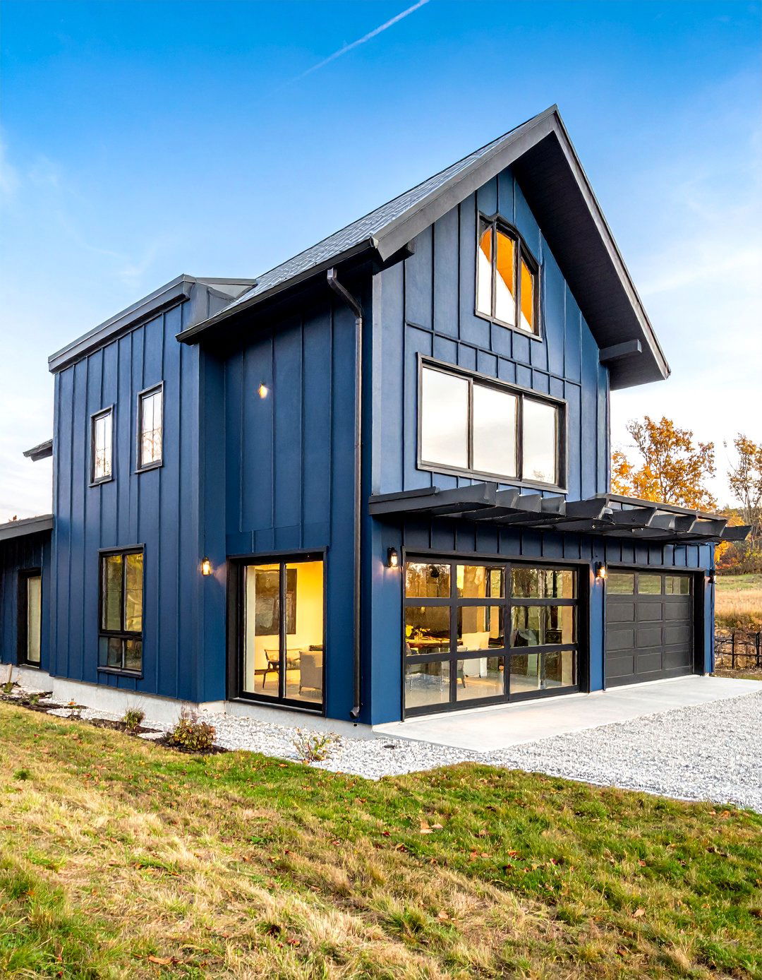 Contemporary Barn Style with Dark Blue Metal Siding - 25 Dark Blue House With Black Trim