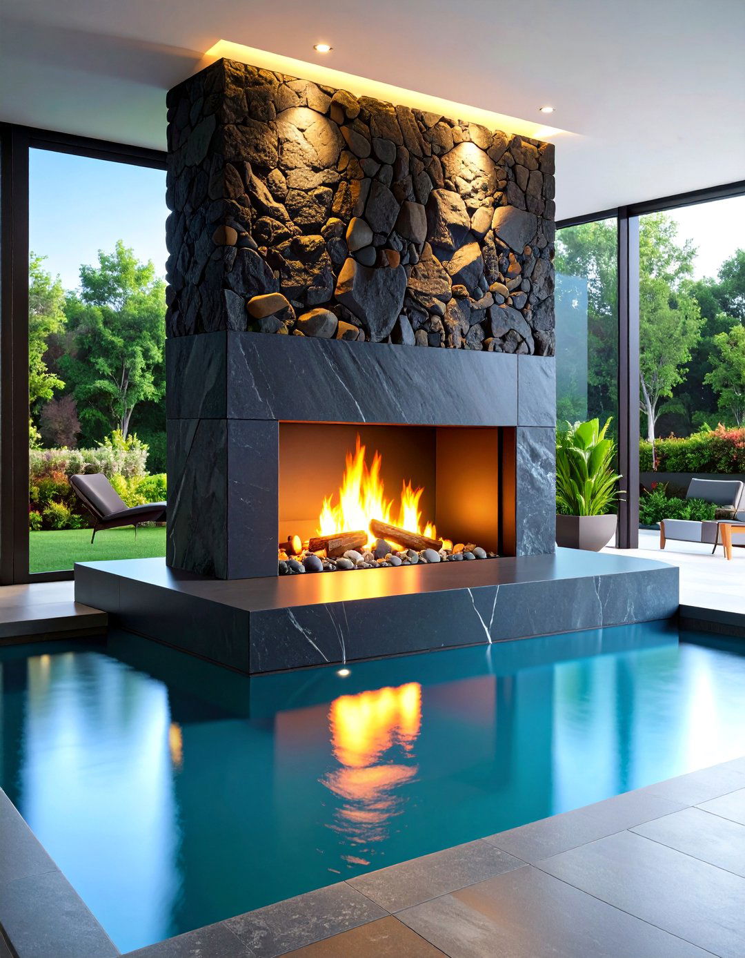 Contemporary Basalt Fireplace with Water Feature Integration - 25 Floor-to-Ceiling Stone Fireplace Ideas