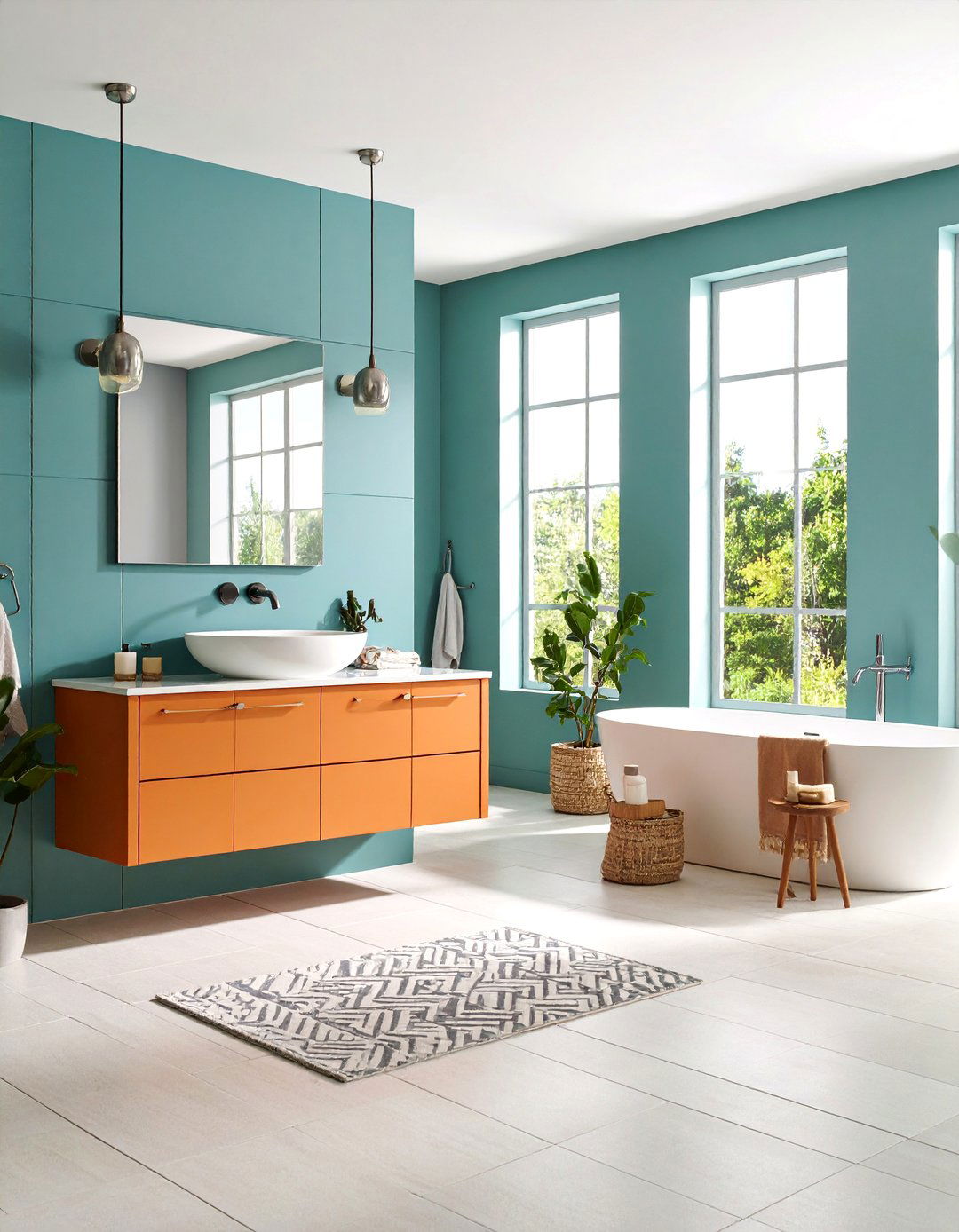 Contemporary Bathroom with Teal Tiles and Orange Vanity - 25 Teal and Orange Color Scheme for Your Rooms