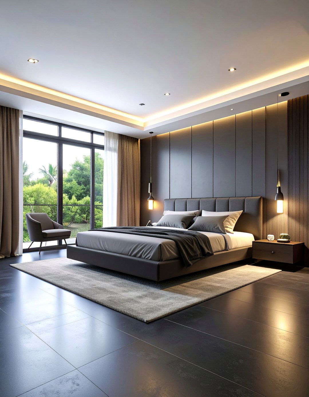 Contemporary Bedroom with Black Resin Floors and Floating Furniture - 25 Black Floor Bedroom Ideas