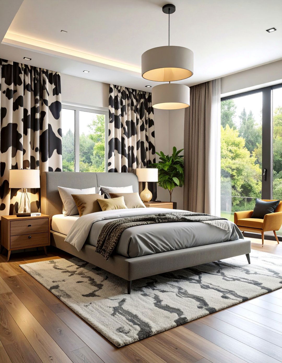 Contemporary Bedroom with Cow Print Curtain Panels - 25 Cow Print Room Decor Ideas