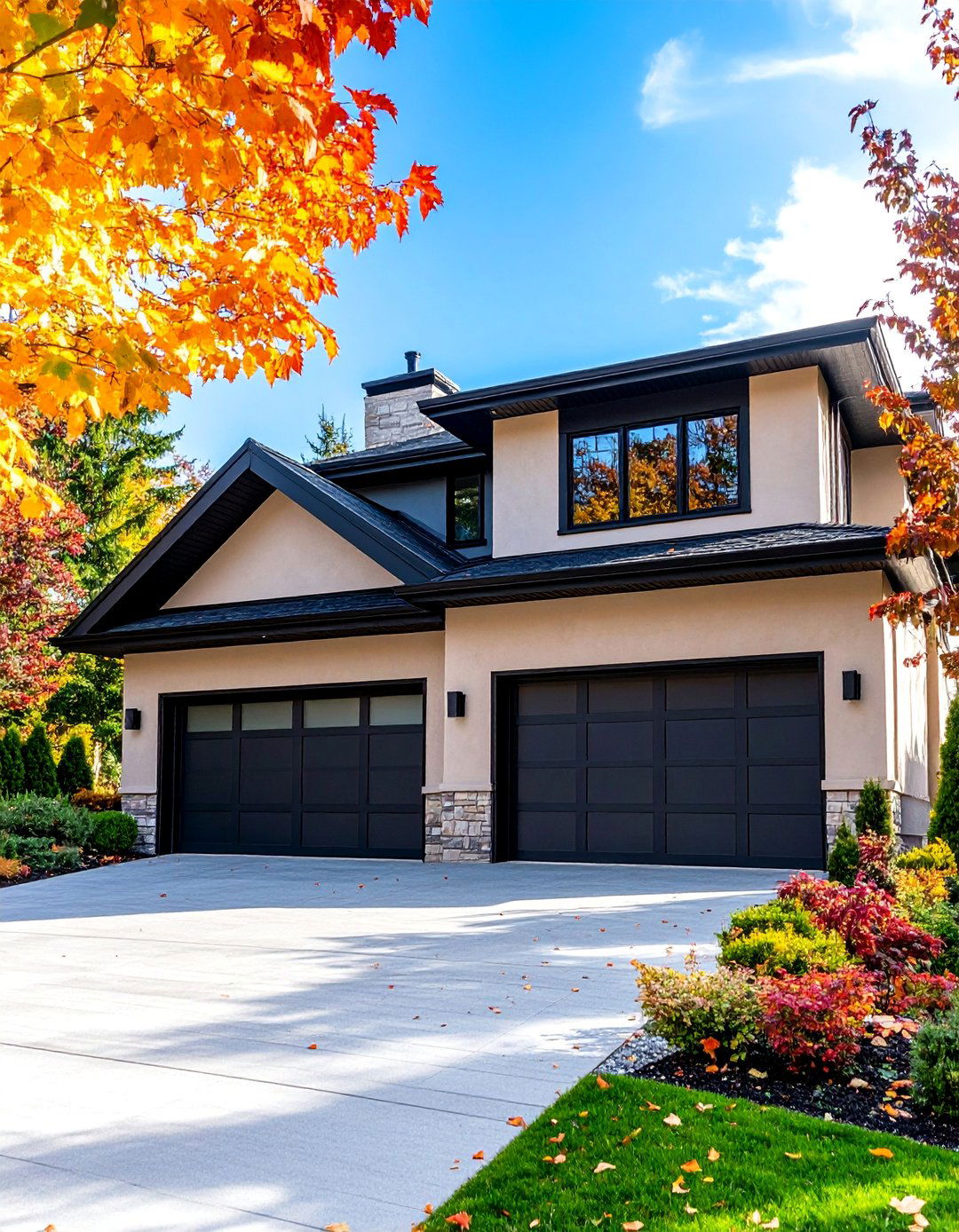 Contemporary Beige Stucco with Black Garage Doors - 25 beige and black house exterior ideas