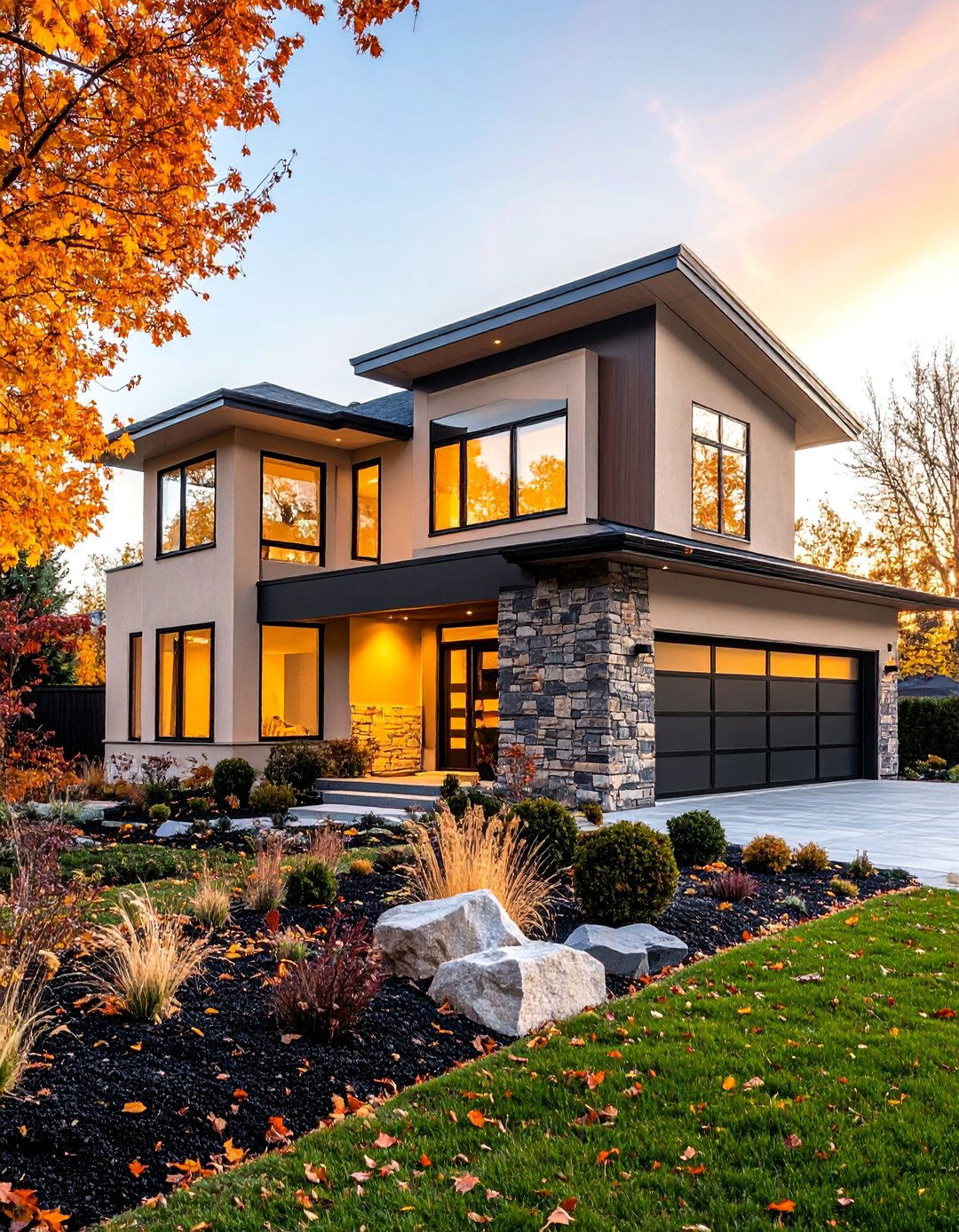 Contemporary Beige Stucco with Black Stone Accent Wall - 25 beige and black house exterior ideas