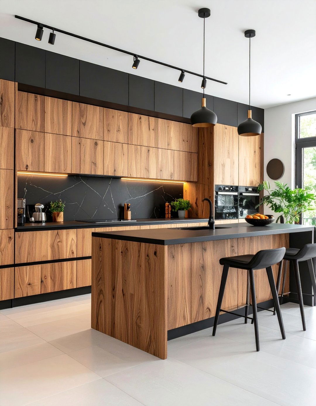 Contemporary Black Backsplash with Brown Wood Cabinets - 25 Black and Brown Kitchen Ideas