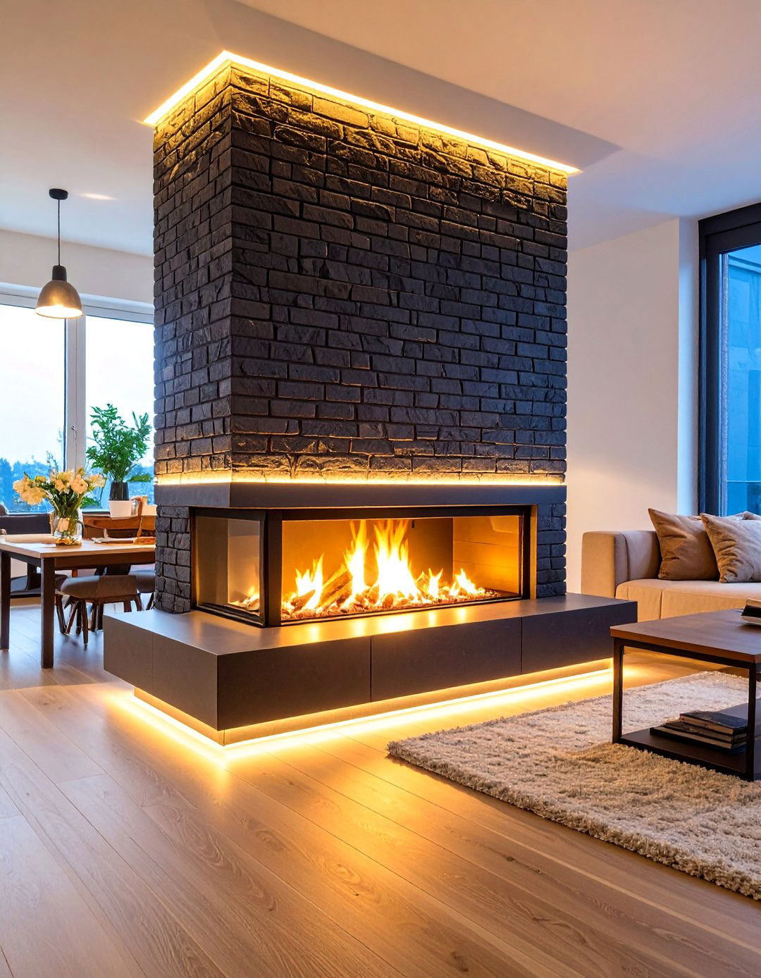 Contemporary Black Brick Fireplace with LED Strip Lighting - 25 Black Brick Fireplace Ideas
