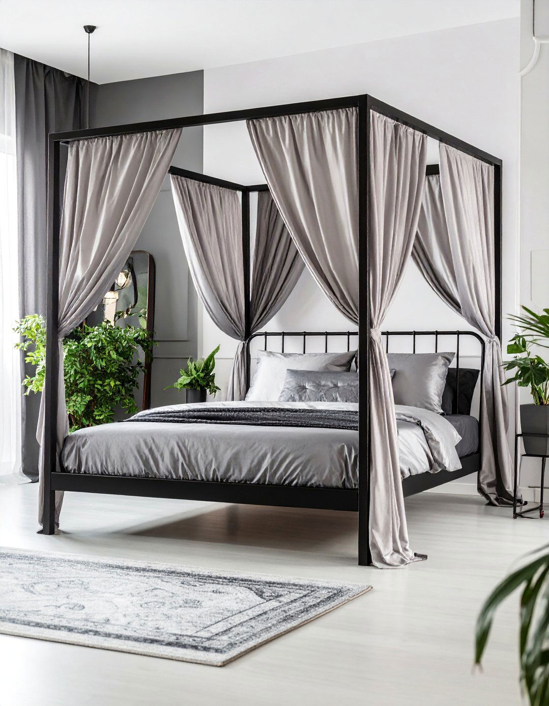 Contemporary Black Canopy Bed with Silver Draping - 25 Black and Silver Bedroom Ideas