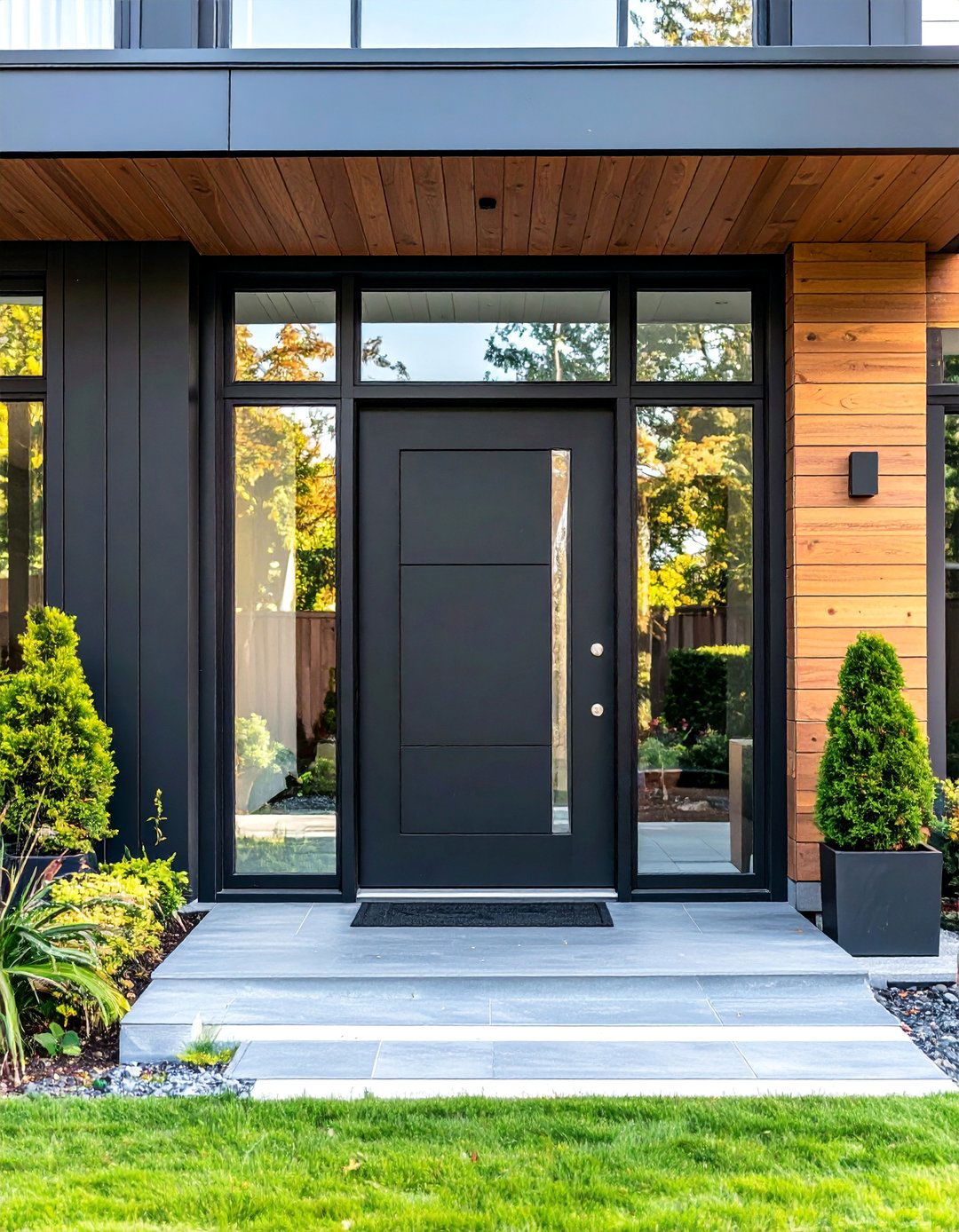 Contemporary Black Door with Asymmetrical Glass Design - 25 Black Front Door Ideas