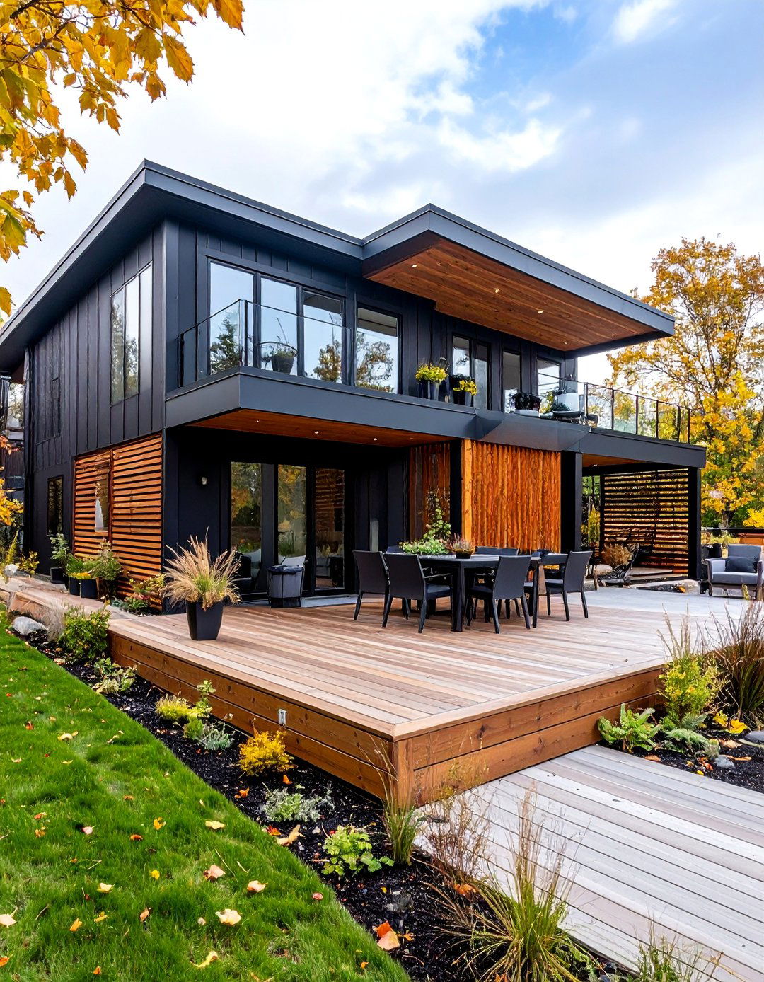 Contemporary Black Duplex with Cedar Privacy Dividers - 25 Black House With Cedar Accents
