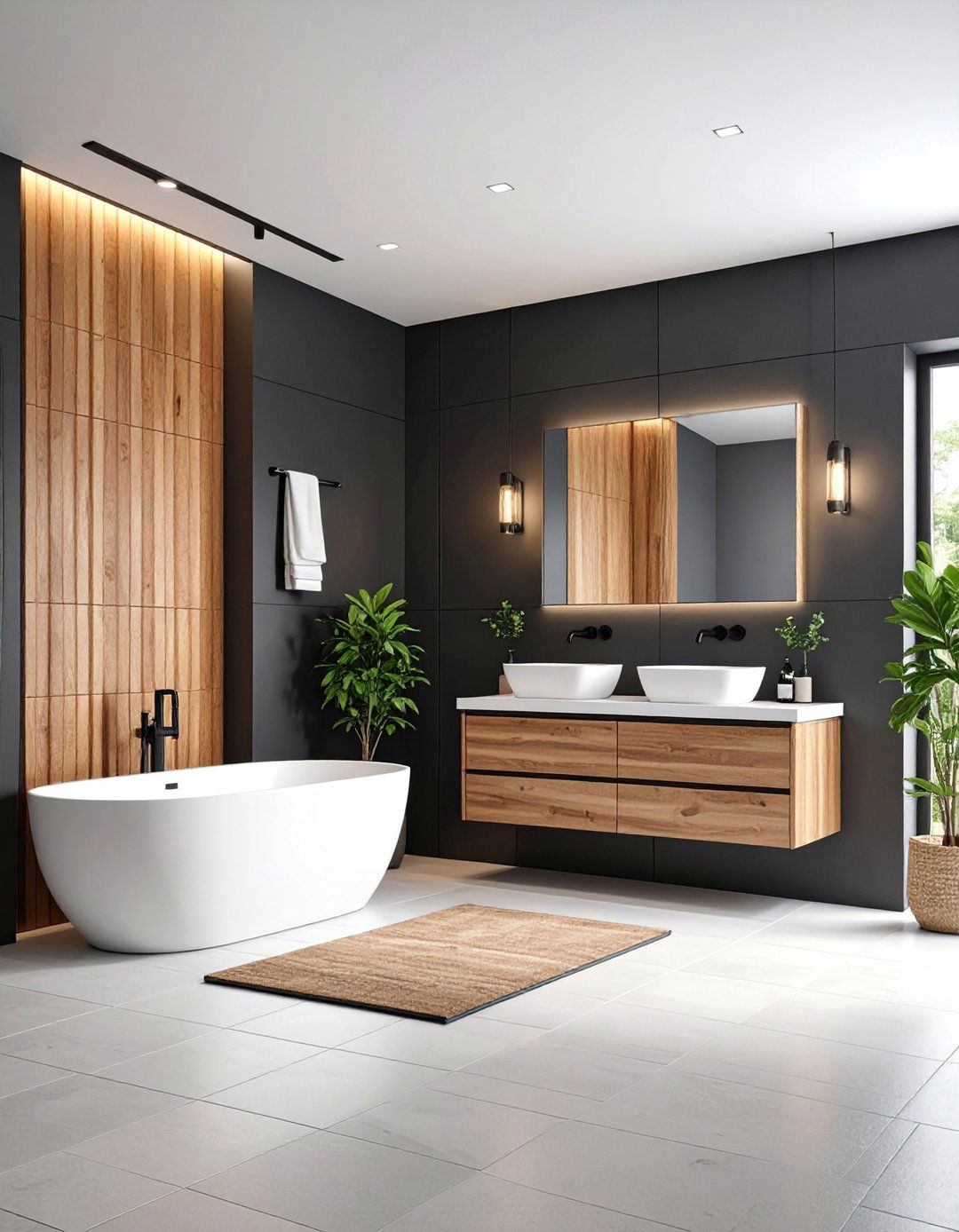 Contemporary Black Fluted Wood Wall Treatment - 25 Black and Wood Bathroom Ideas