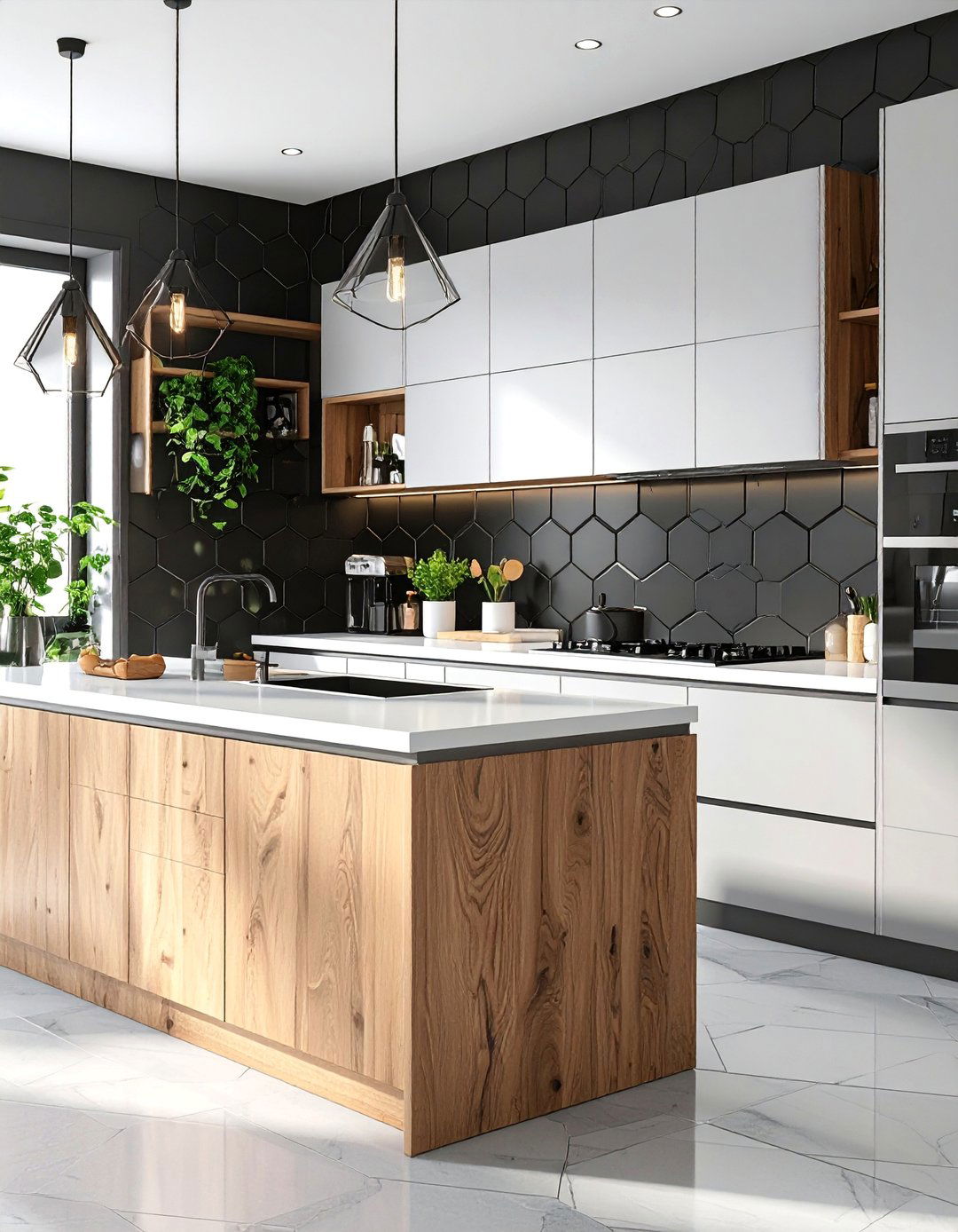Contemporary Black Hexagon Tile with Geometric Patterns - 25 Kitchen With Black Backsplash