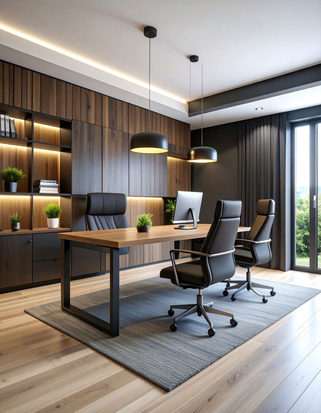 Contemporary Black Home Office with Wood Paneling - 25 Black Room Ideas