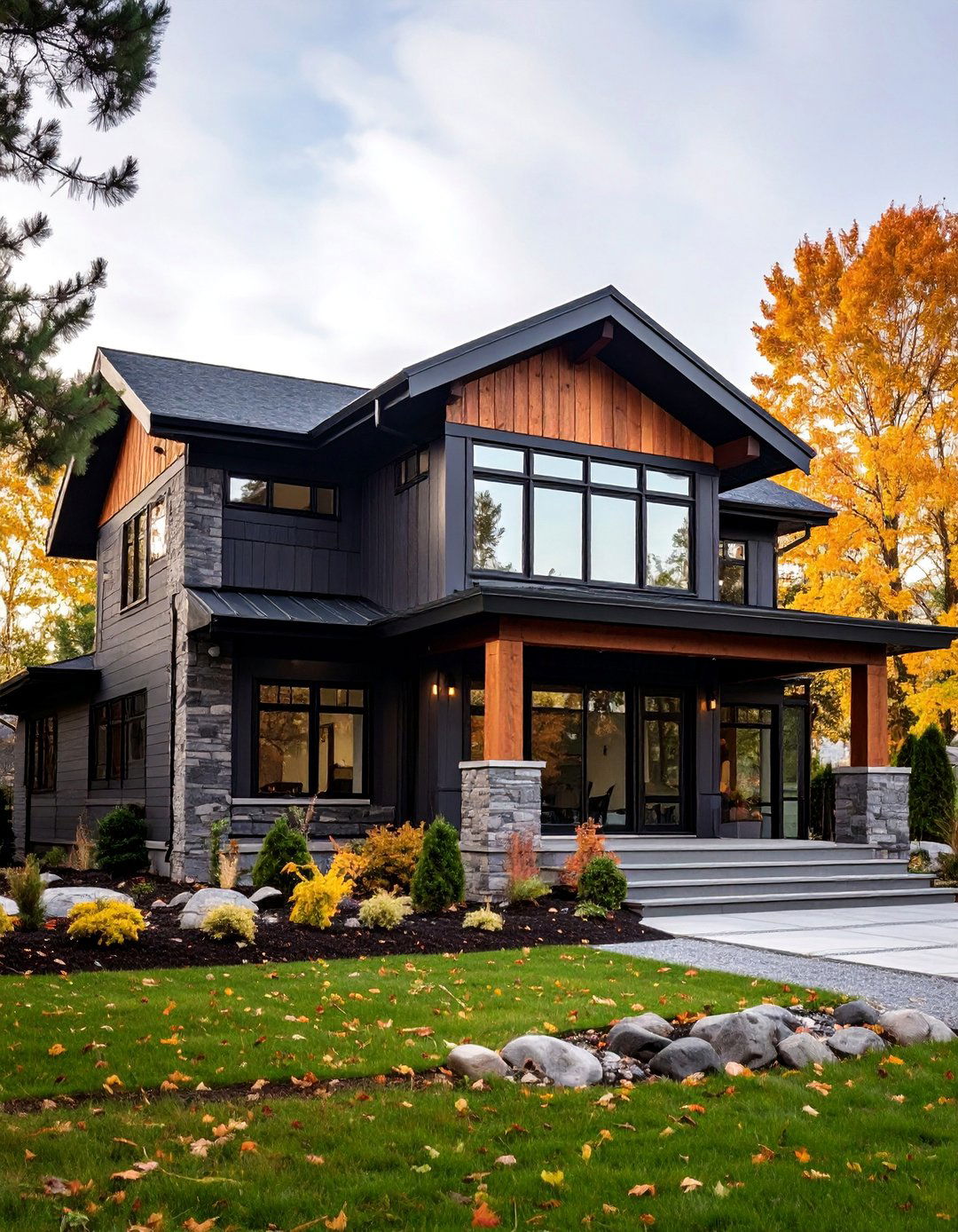 Contemporary Black House with Cedar Accents - 25 Black House Exteriors & Paint Colors