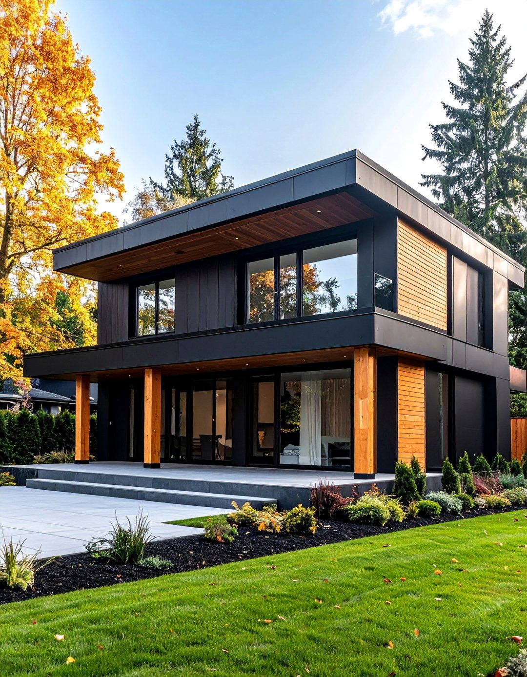 Contemporary Black House with Cedar Column Accents - 25 Black House With Wood Accents
