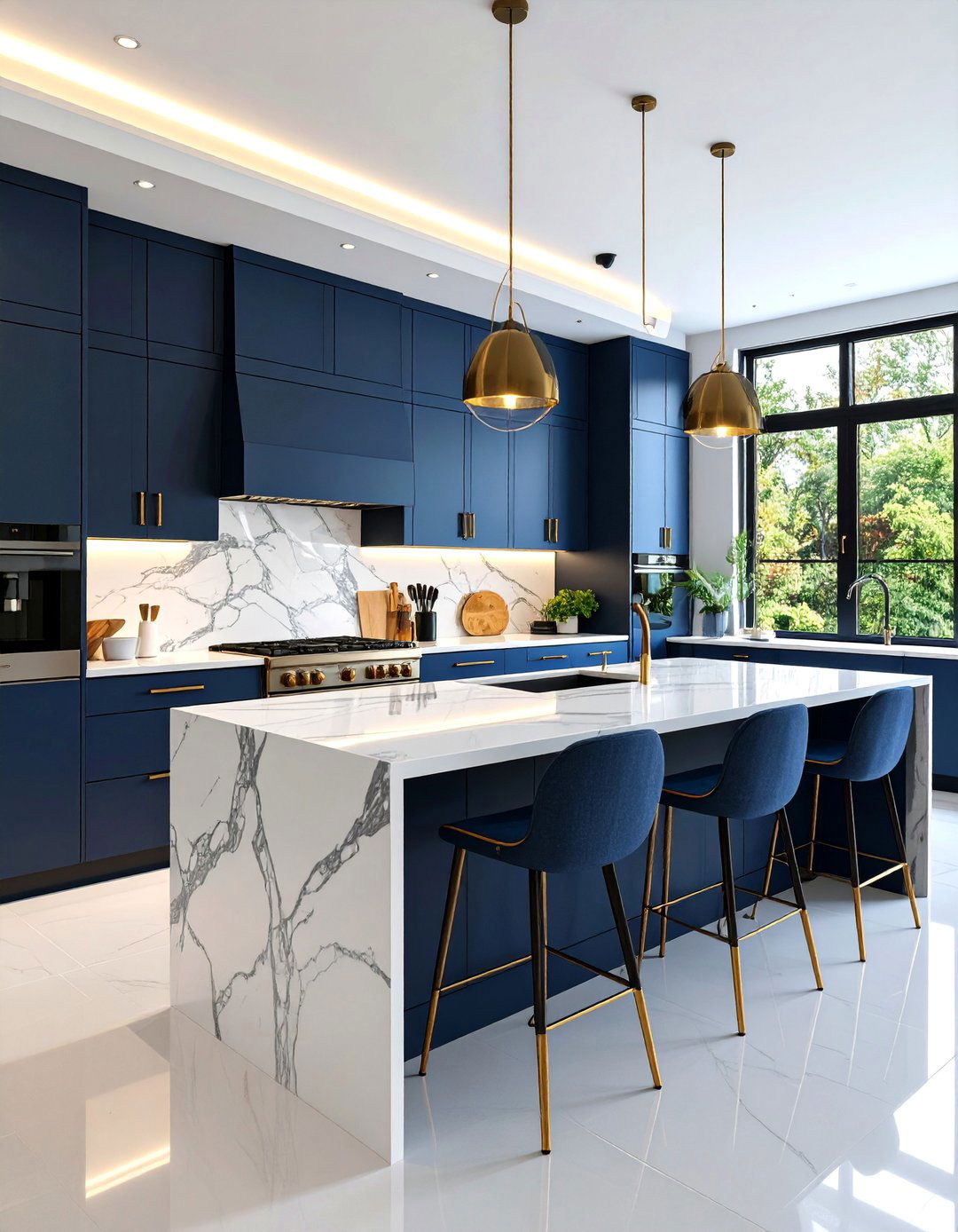 Contemporary Black Kitchen with Quartz Waterfall Island and Brass Details - 25 Kitchens With Black Cabinets