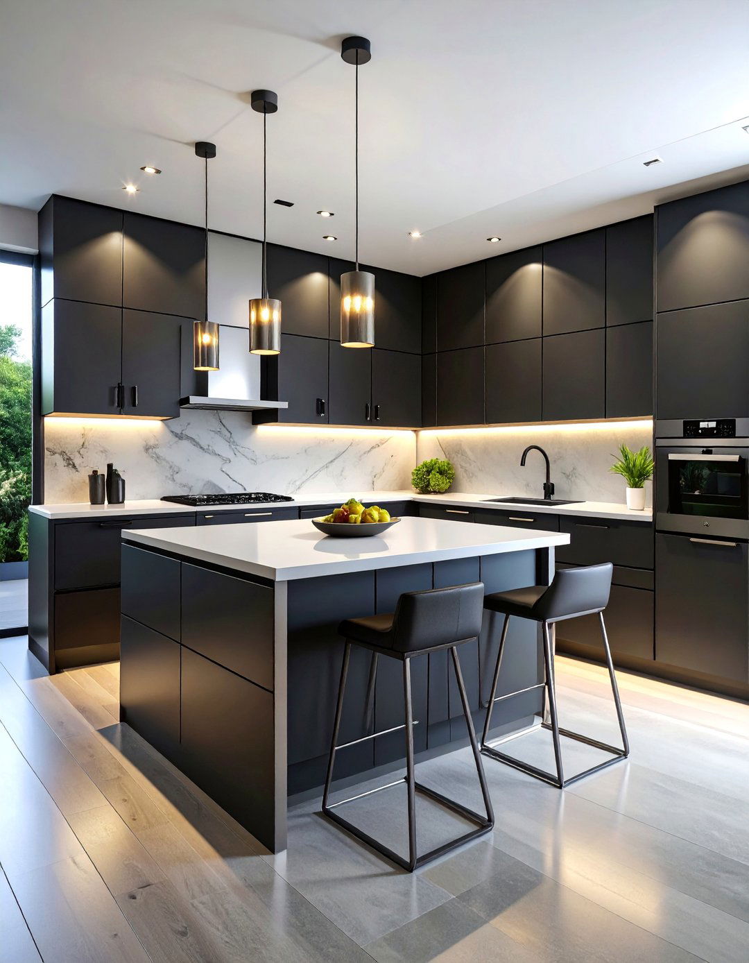 Contemporary Black Kitchen with Waterfall Quartz Island - 25 kitchens with beautiful black cabinets