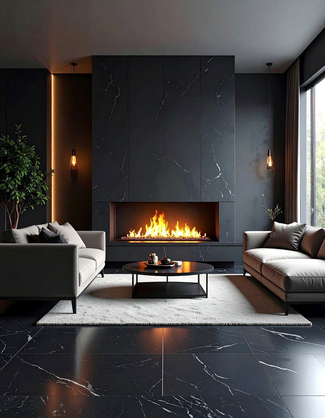 Contemporary Black Marble Floor Living Room with Monochrome Palette - 25 Marble Floor Living Room Ideas