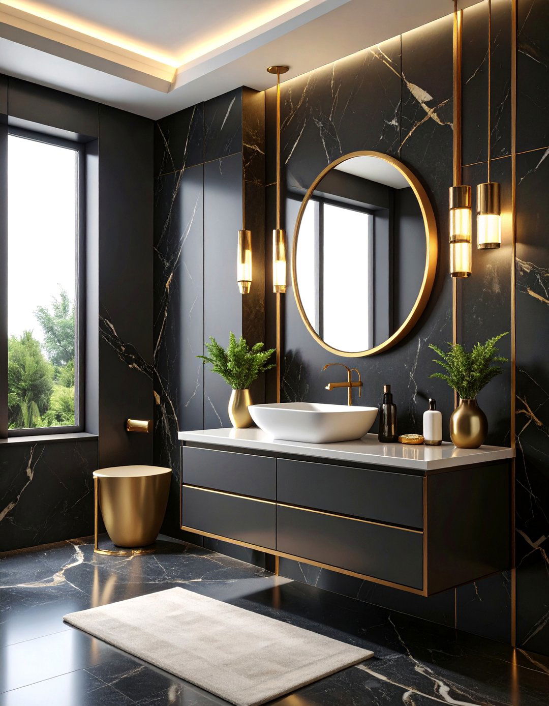 Contemporary Black Marble with Brass Details - 25 Powder Room Ideas