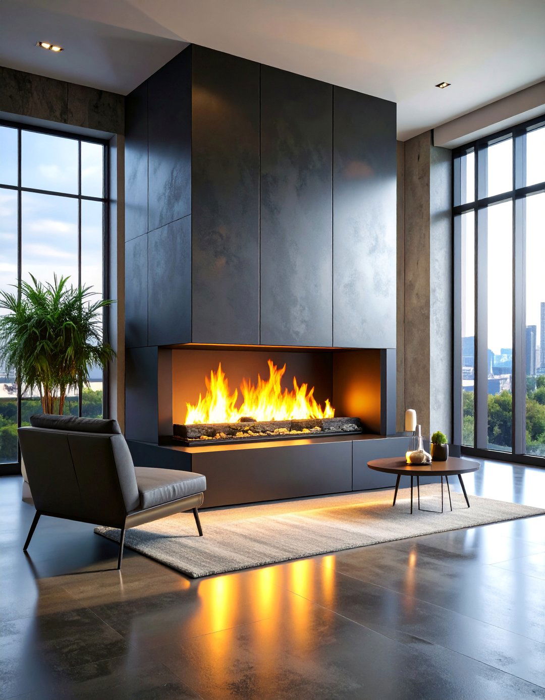 Contemporary Black Metal Fireplace with Asymmetrical Design - 25 Faux Fireplace Ideas