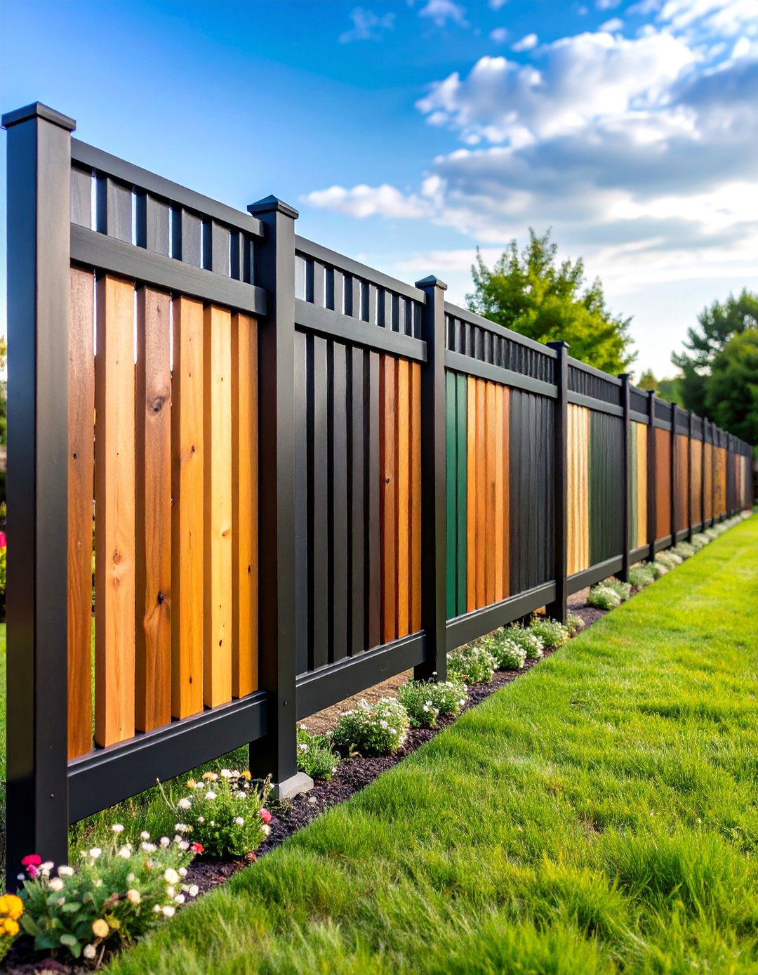 Contemporary Black Metal Frame with Multi Toned Wood - 25 Metal and Wood Fence