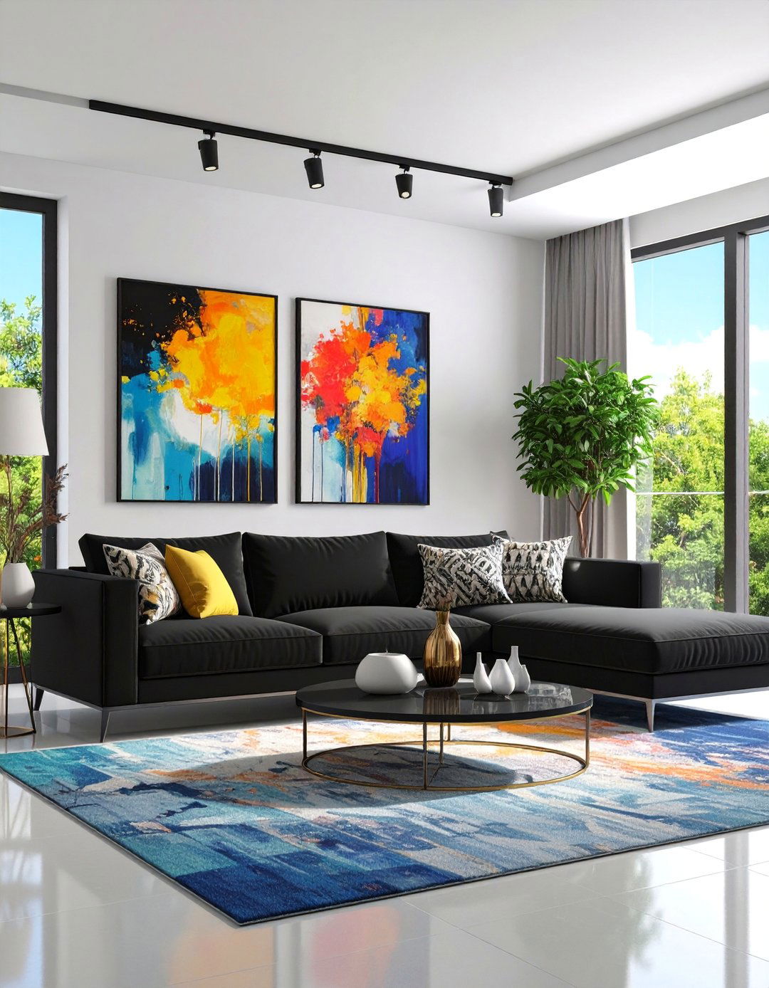 Contemporary Black Sectional with Bold Art Gallery Wall - 25 Black Couch Living Room Ideas