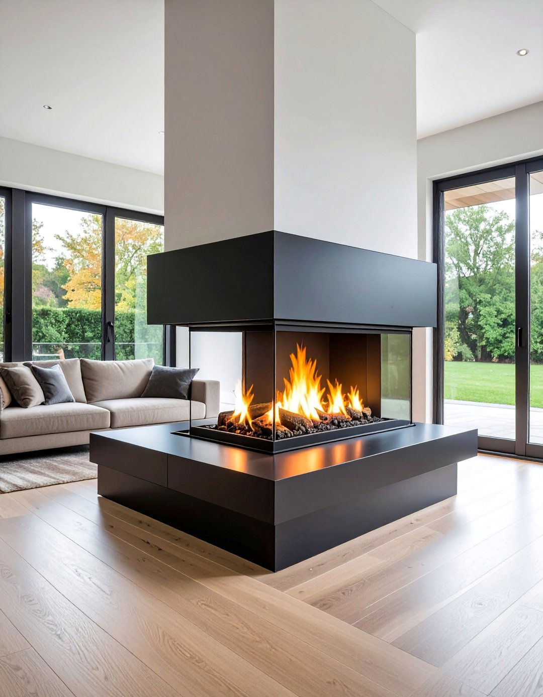 Contemporary Black Steel Three Sided Fireplace with Linear Design - 25 3 Sided Fireplace Ideas