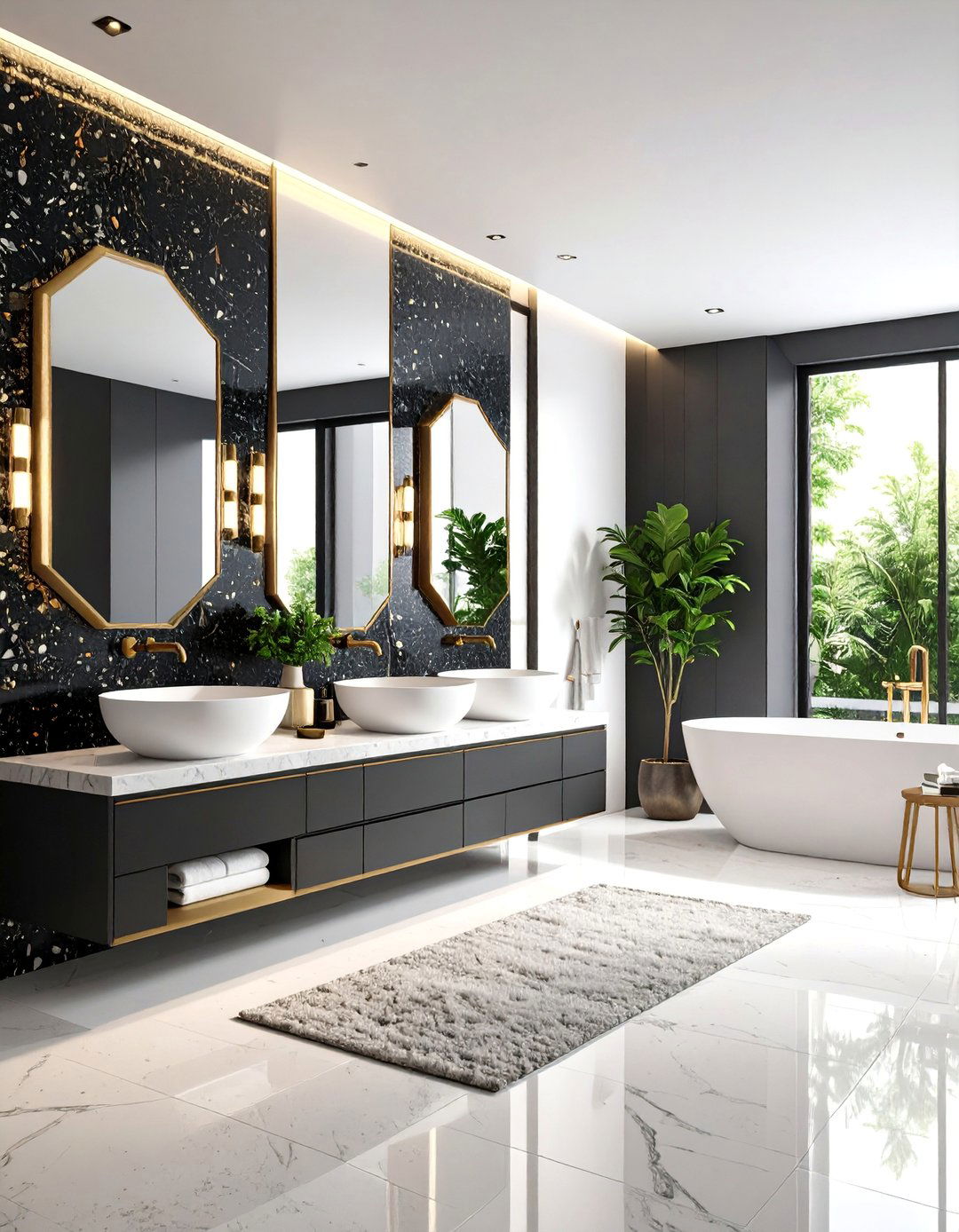 Contemporary Black Terrazzo Bathroom with Brass Hardware - 25 Dark Bathroom Ideas