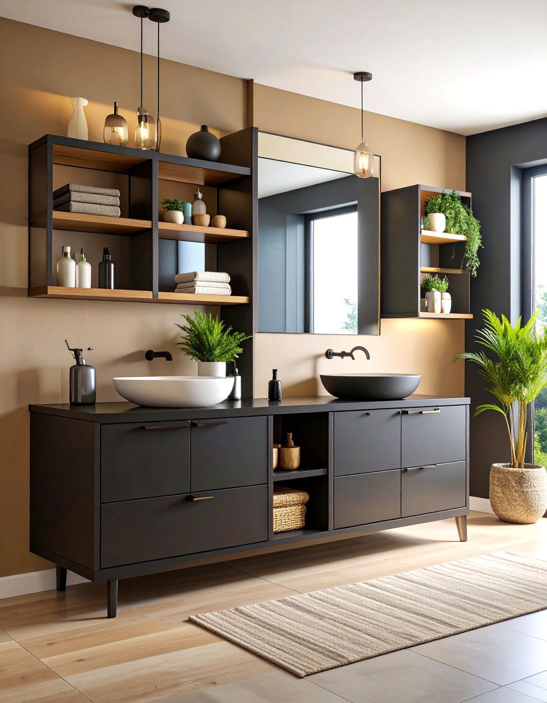 Contemporary Black Vanity with Open Shelving - 25 Black Vanity Bathroom Ideas