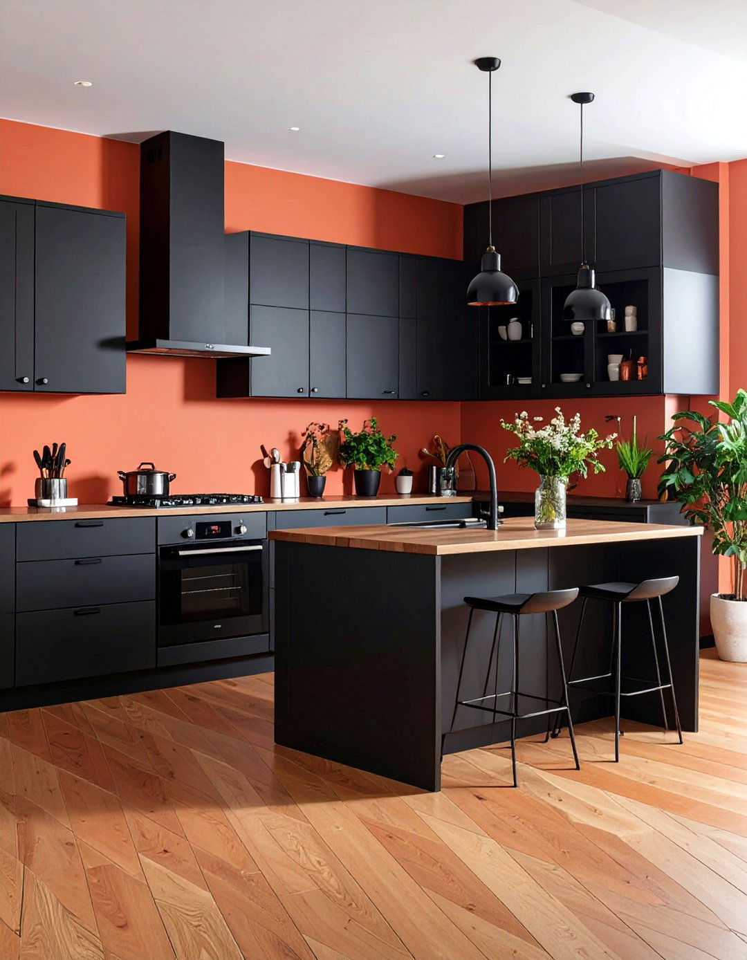 Contemporary Black and Terracotta Kitchen Floor Contrast - 25 Terracotta Kitchen Floor Ideas