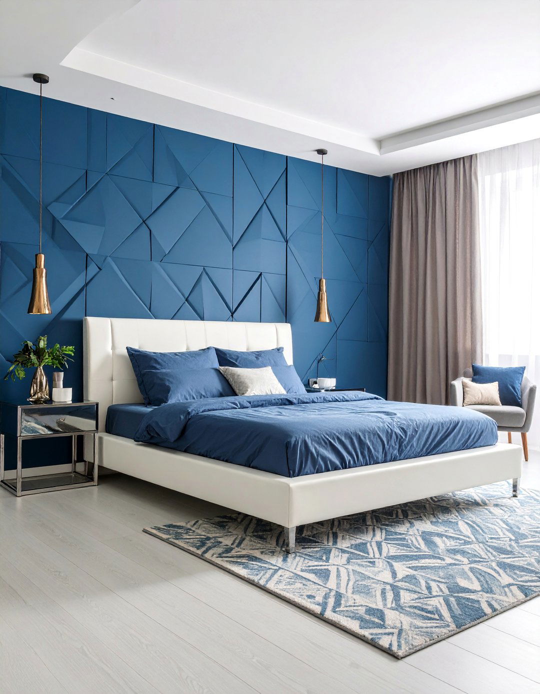 Contemporary Blue Geometric Bedroom - 25 Blue and White Bedroom Ideas