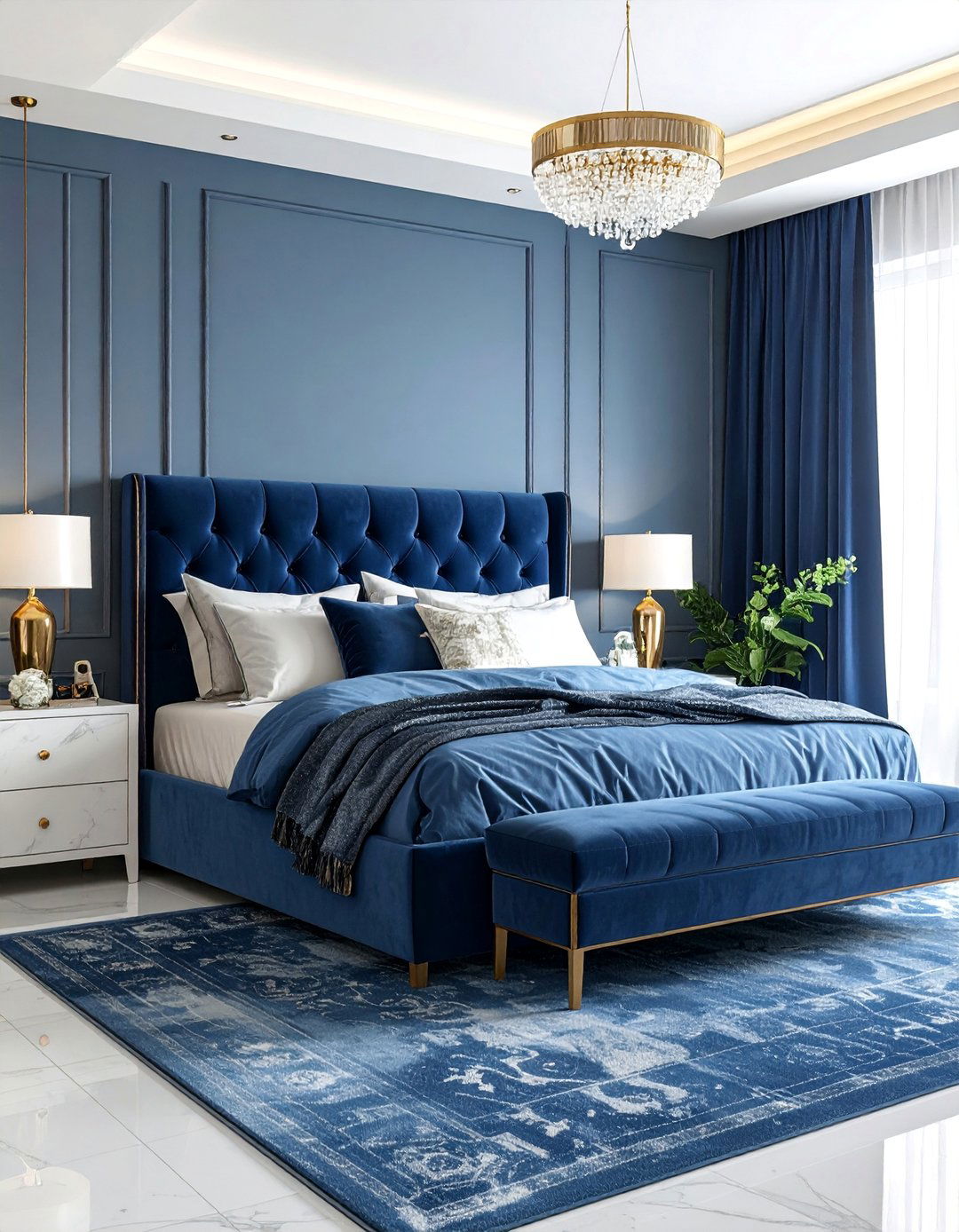 Contemporary Blue Velvet Luxury Bedroom - 25 Blue and White Bedroom Ideas