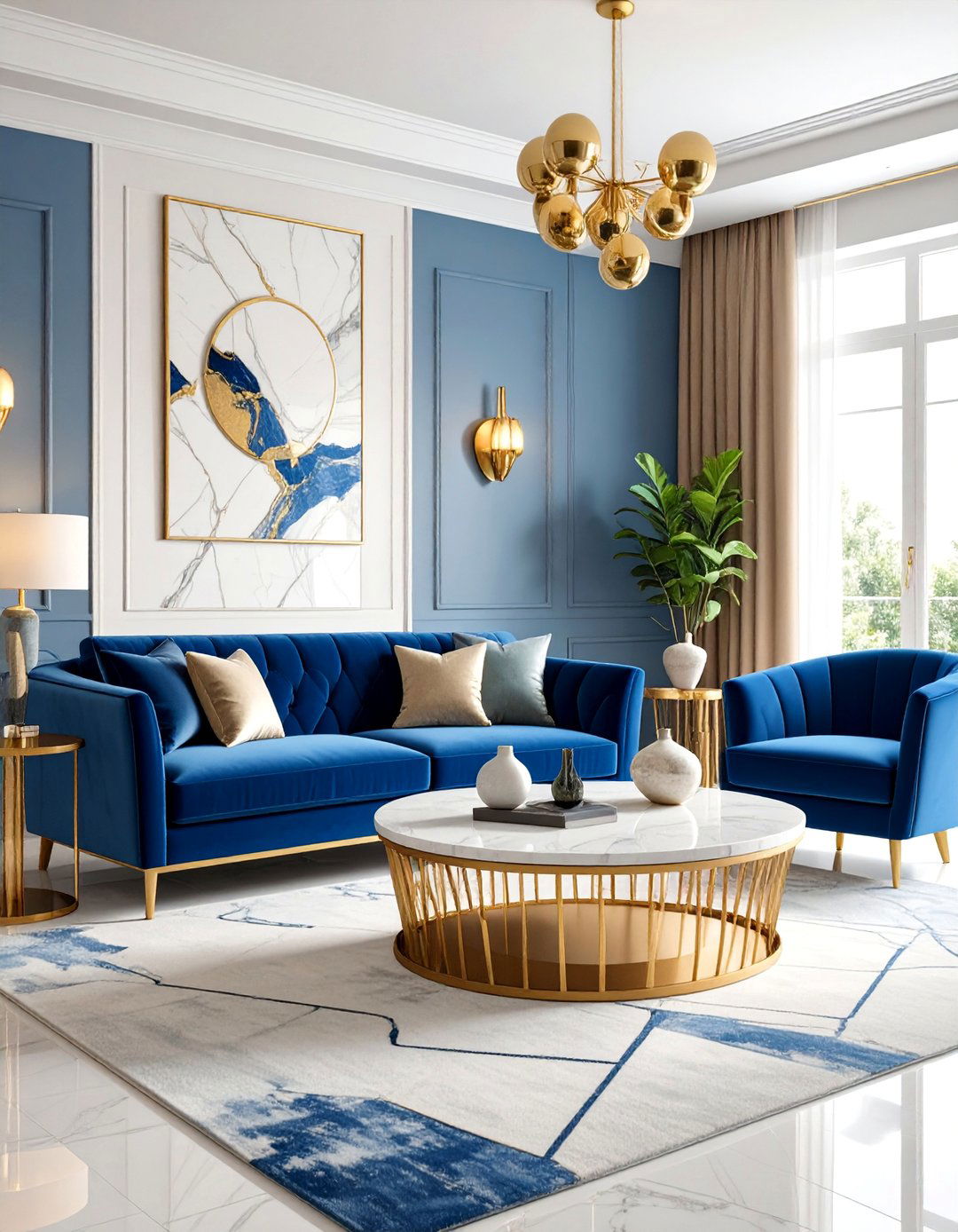 Contemporary Blue Velvet and Beige Marble Luxury - 25 blue and beige living room ideas