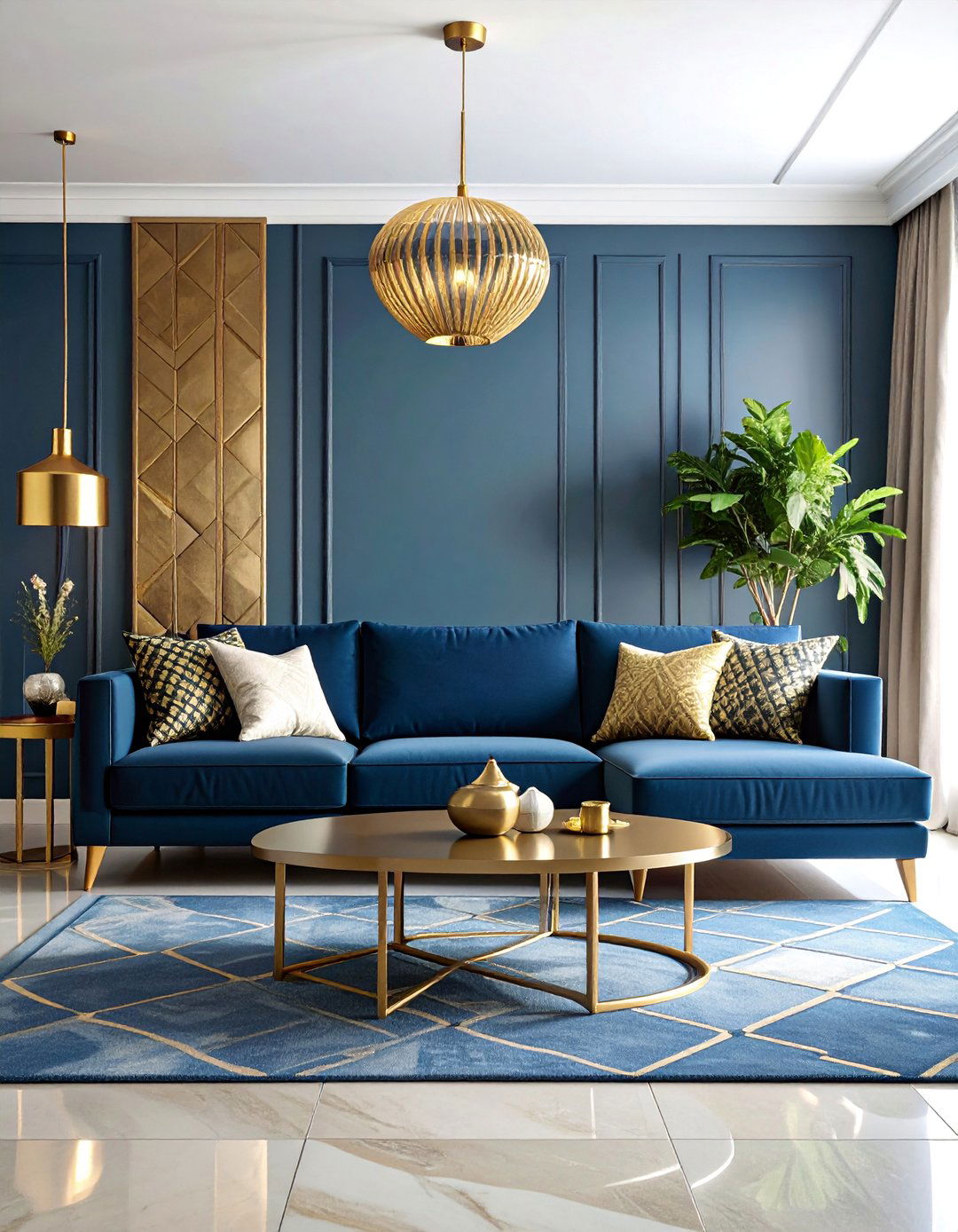 Contemporary Blue and Gold Living Room with Bold Patterns - 25 Blue and Gold Living Room Ideas