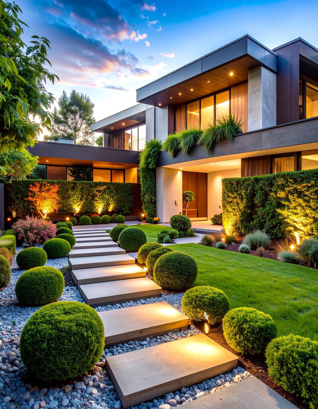 Contemporary Boxwood Sculpture Garden with Artistic Elements - 25 Front Yard Boxwood Shrubs
