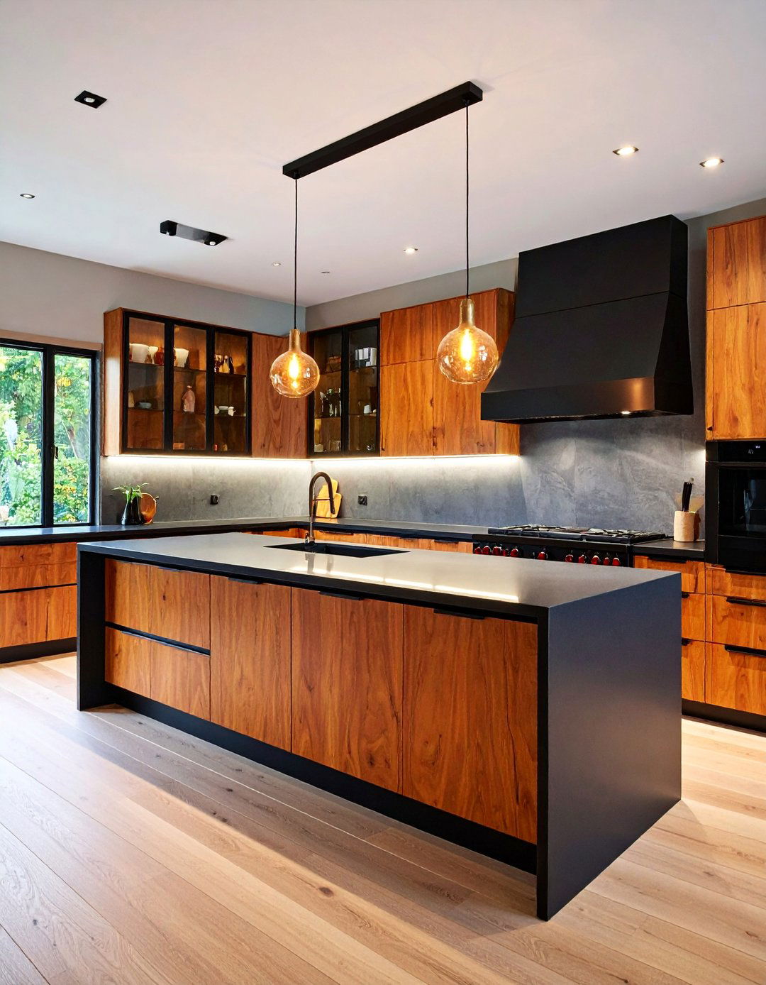 Contemporary Brown Glass Kitchen with Black Quartz Luxury - 25 kitchen with brown cabinets and black countertops ideas