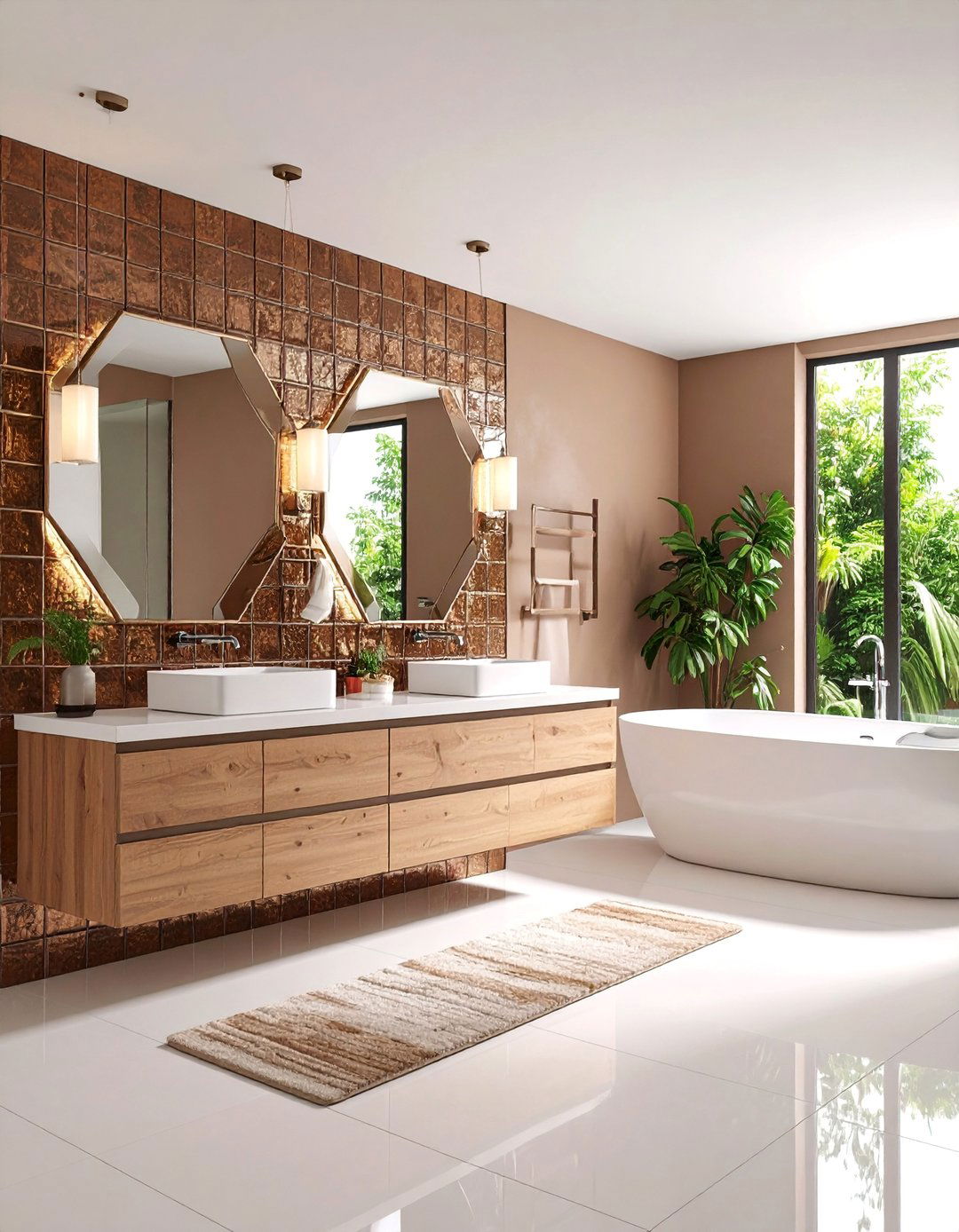 Contemporary Brown Glass Tiles with White Fixtures - 25 Brown and White Bathroom Ideas