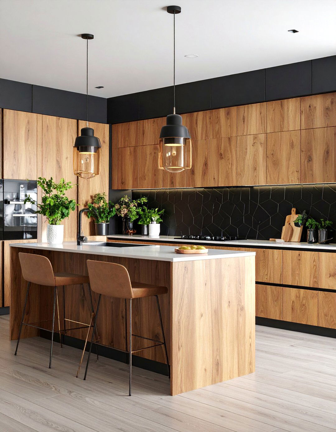 Contemporary Brown Kitchen with Black Geometric Backsplash - 25 Black and Brown Kitchen Ideas