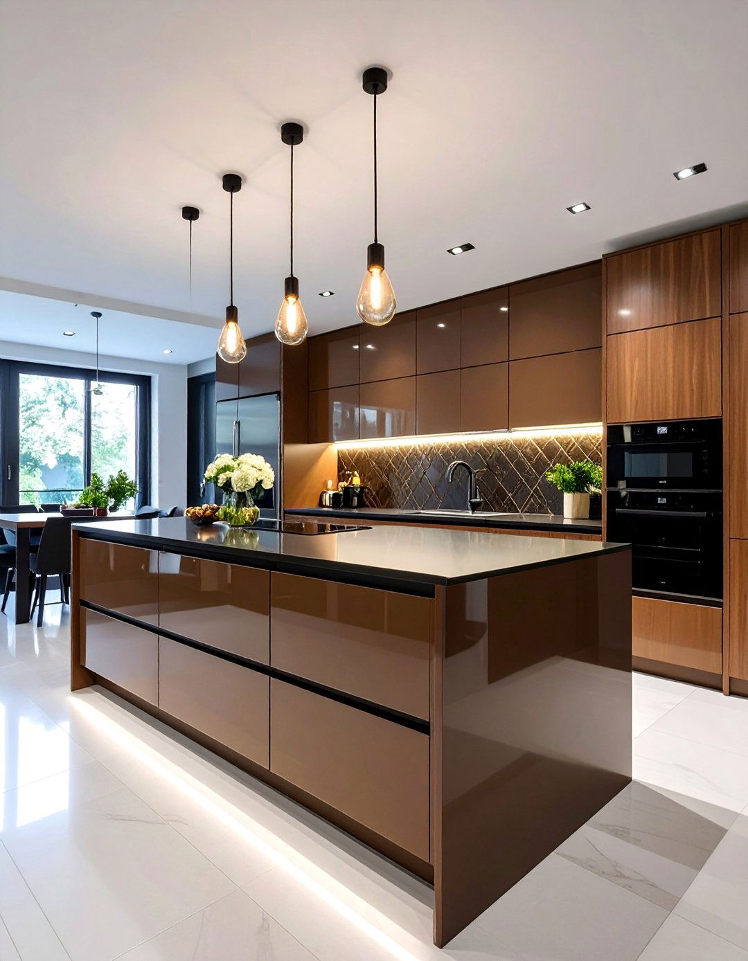 Contemporary Brown Lacquer with Black Quartz - 25 Brown Kitchen Cabinets With Black Countertops