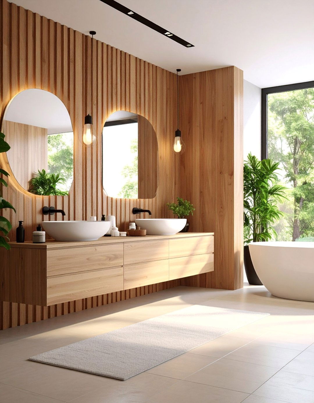 Contemporary Brown Wood Slats with White Stone - 25 Brown and White Bathroom Ideas