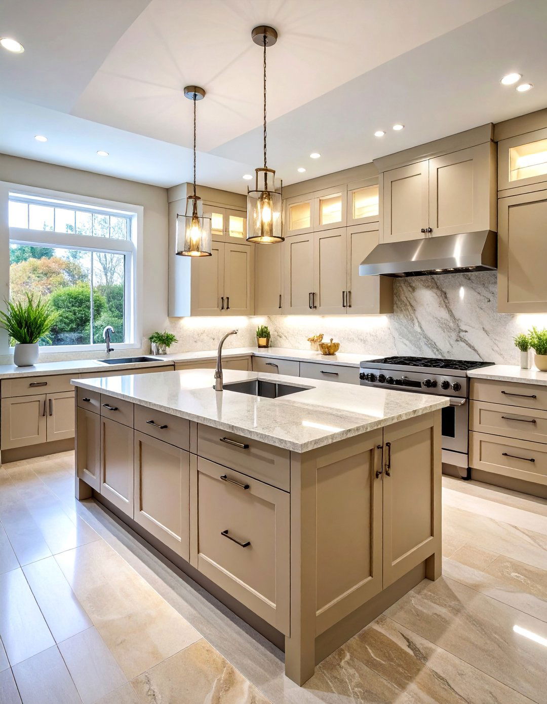 Contemporary Cashmere Kitchen with Quartz Waterfall Edges - 25 Cashmere Kitchen Ideas