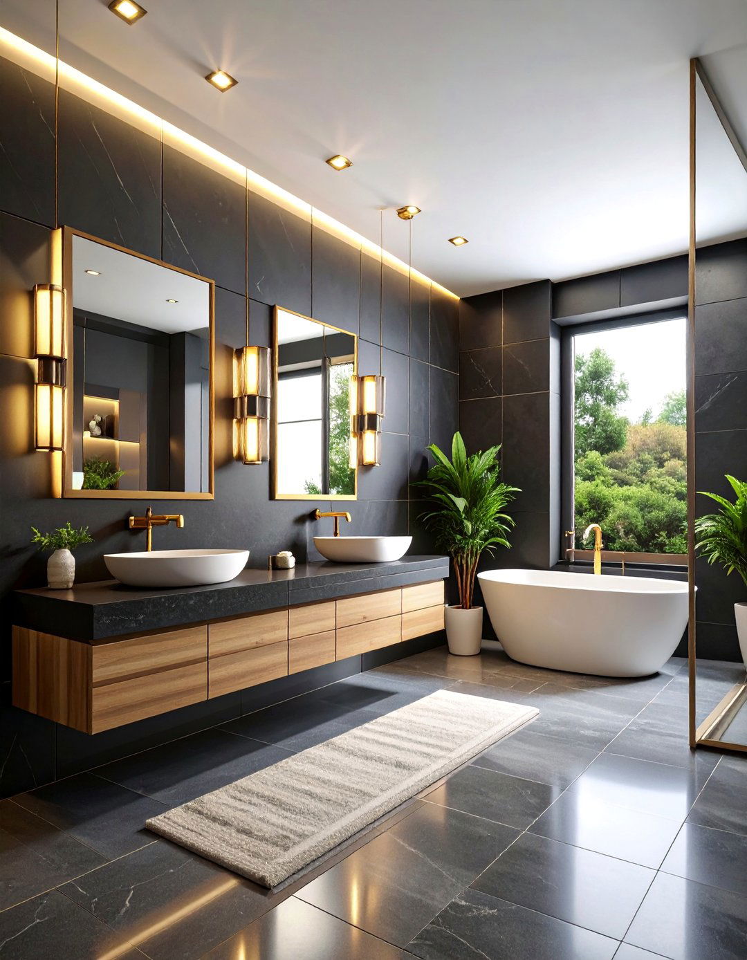 Contemporary Charcoal Tile Bathroom with Gold Details - 25 Dark Bathroom Ideas