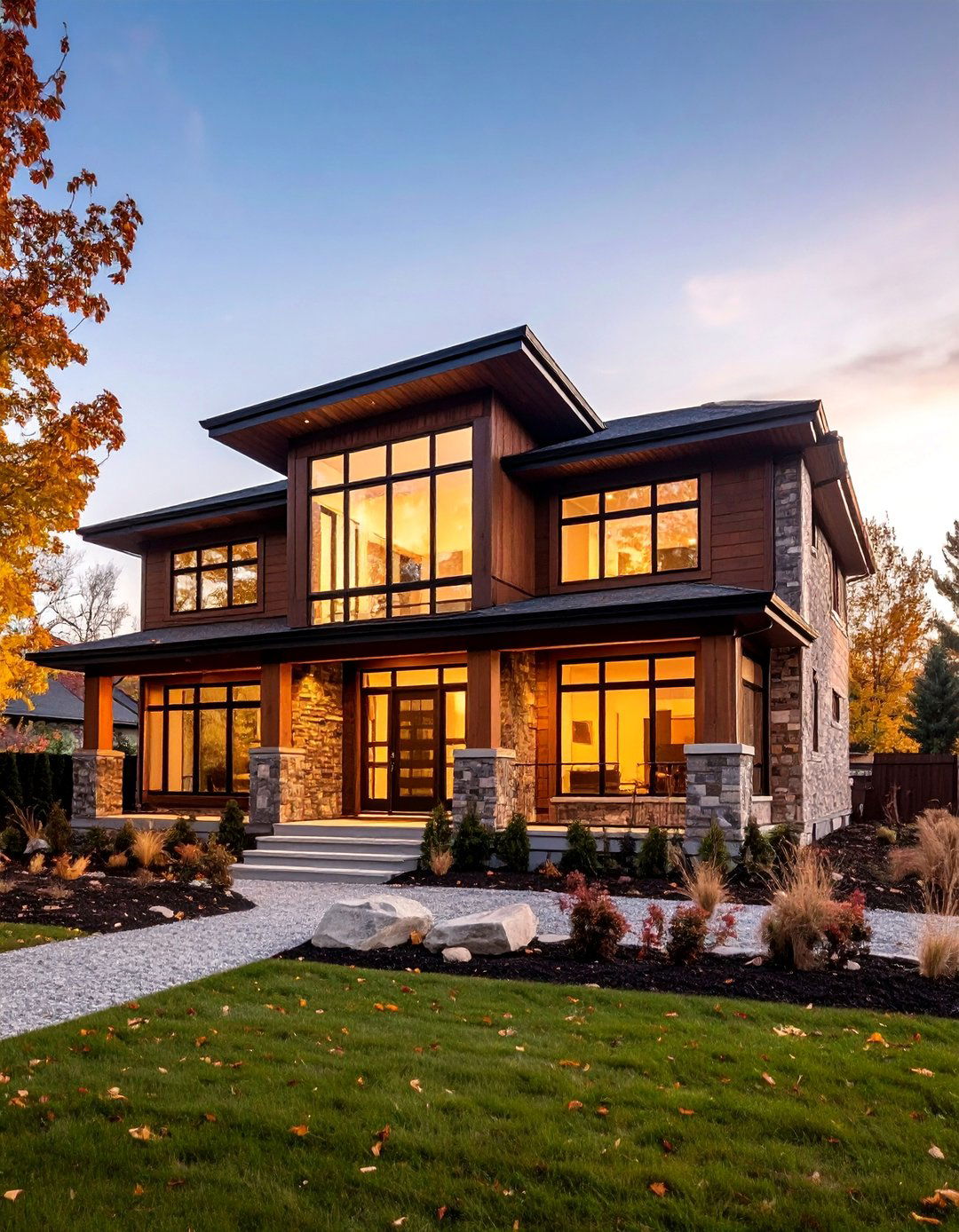 Contemporary Chocolate Brown with Stone Accent Walls - 25 Chocolate Brown House Exterior Design Ideas