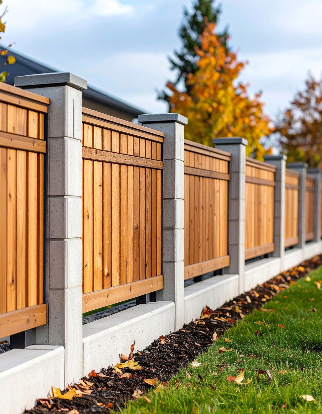 Contemporary Concrete Block Fence with Wood Slat Inlays - 25 Concrete Block Fence Ideas