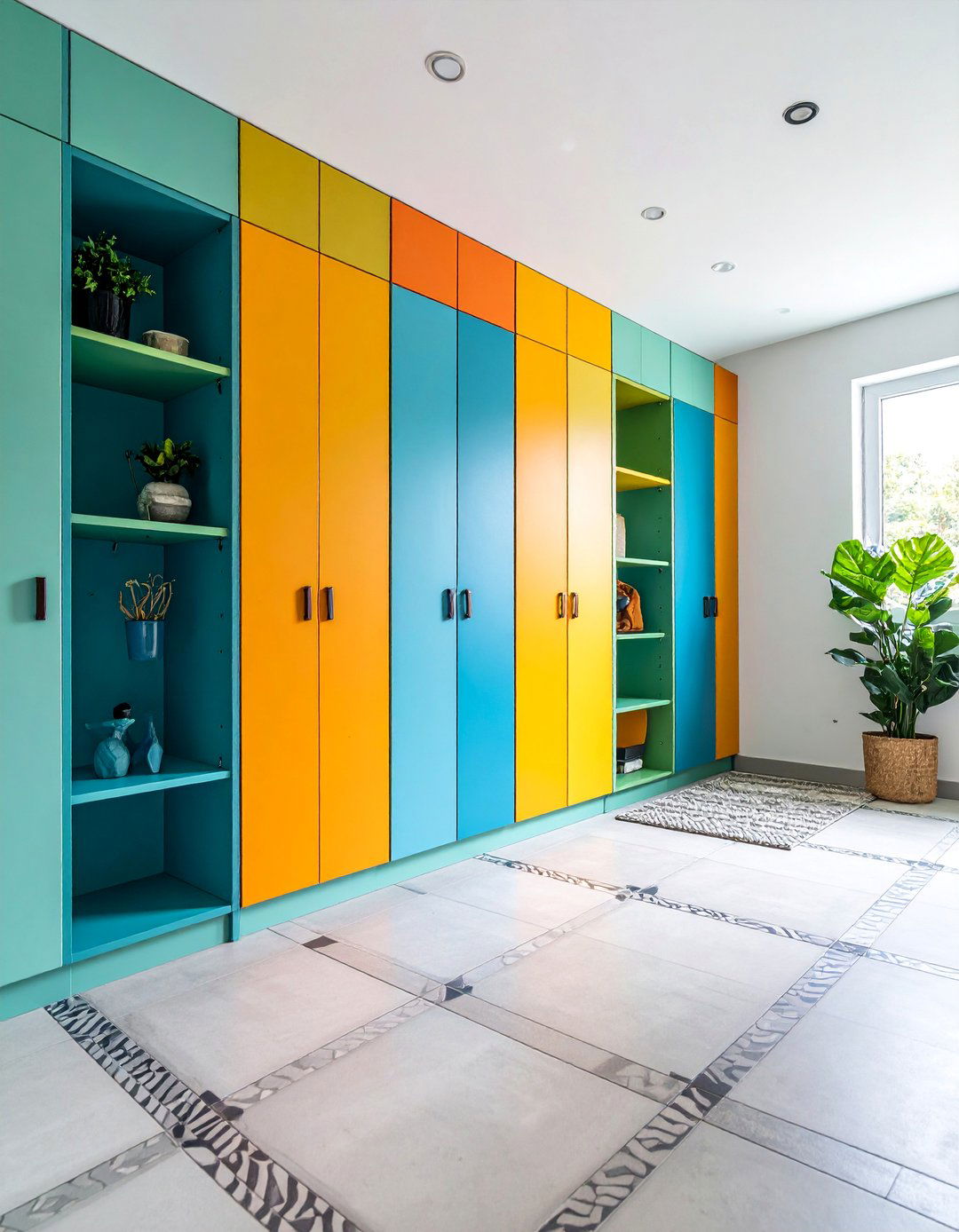 Contemporary Concrete Tile Mudroom Floor with Geometric Inlays - 25 Mudroom Floor Ideas