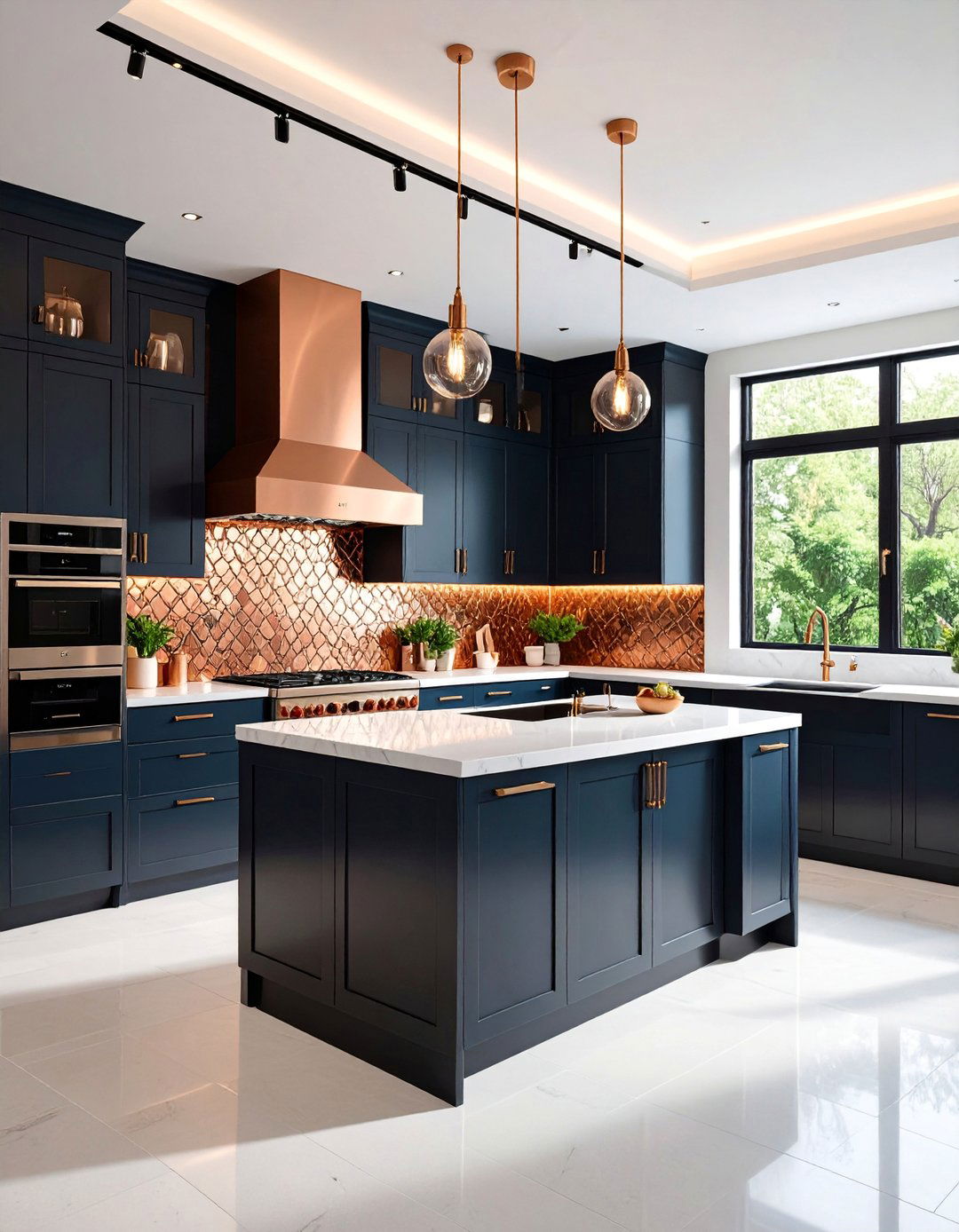 Contemporary Copper Mosaic Backsplash with Black Lacquer Cabinets - 25 black and copper kitchen ideas