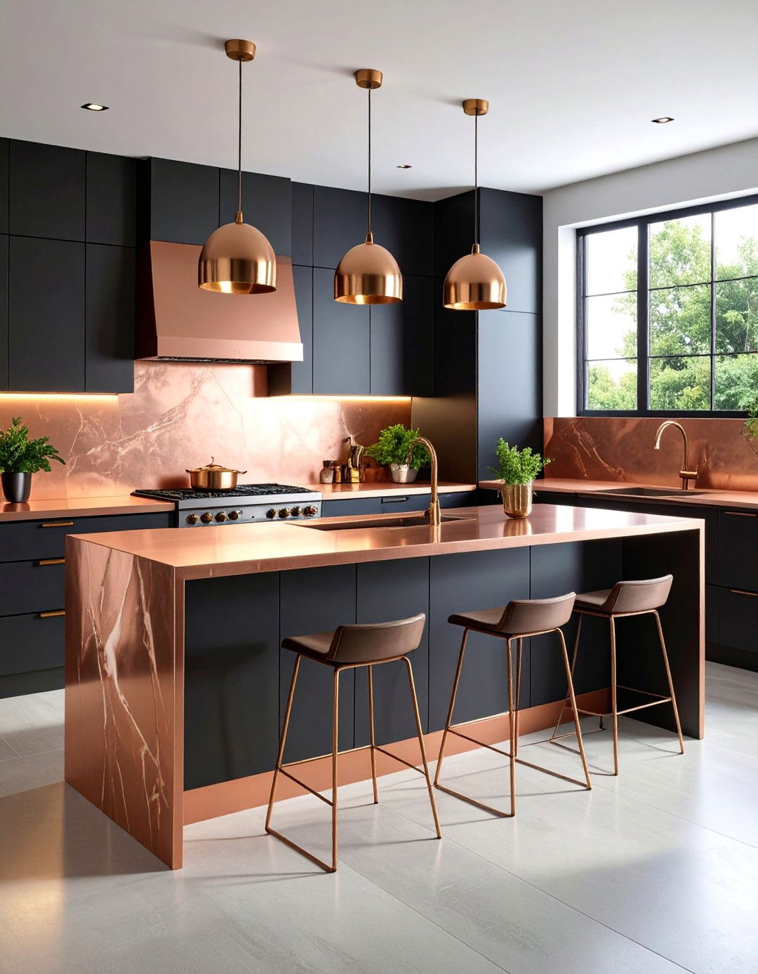 Contemporary Copper Waterfall Countertop with Black Handleless Cabinets - 25 black and copper kitchen ideas