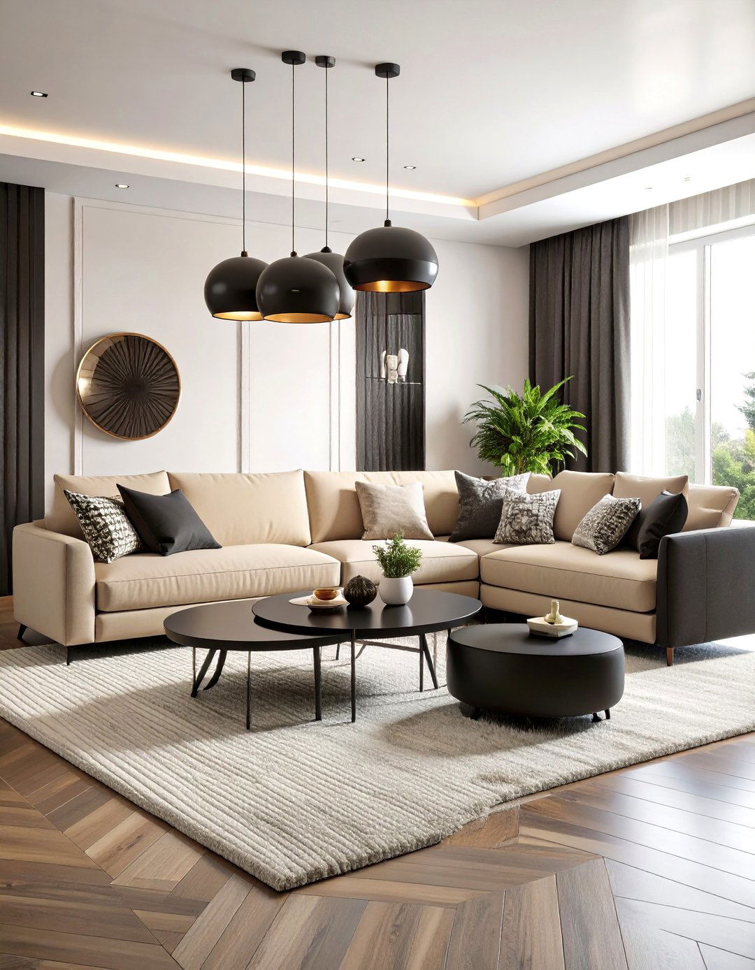 Contemporary Curved Black and Beige Living Room - 25 Black and Beige Living Room Ideas
