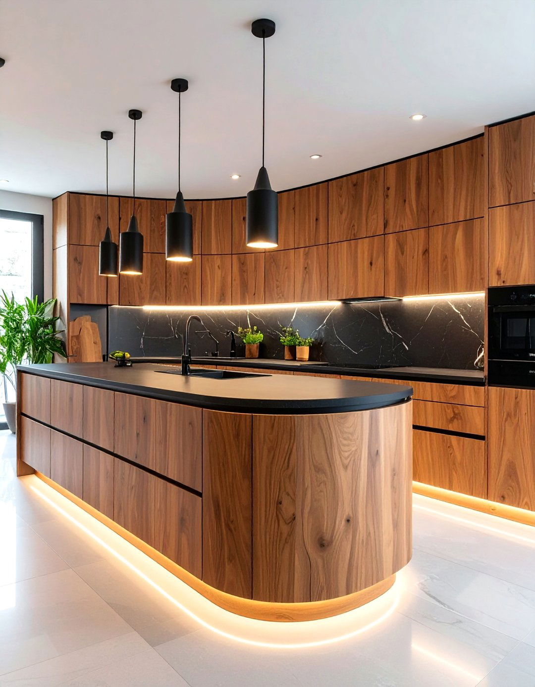 Contemporary Curved Brown with Black Engineered Stone - 25 Brown Kitchen Cabinets With Black Countertops