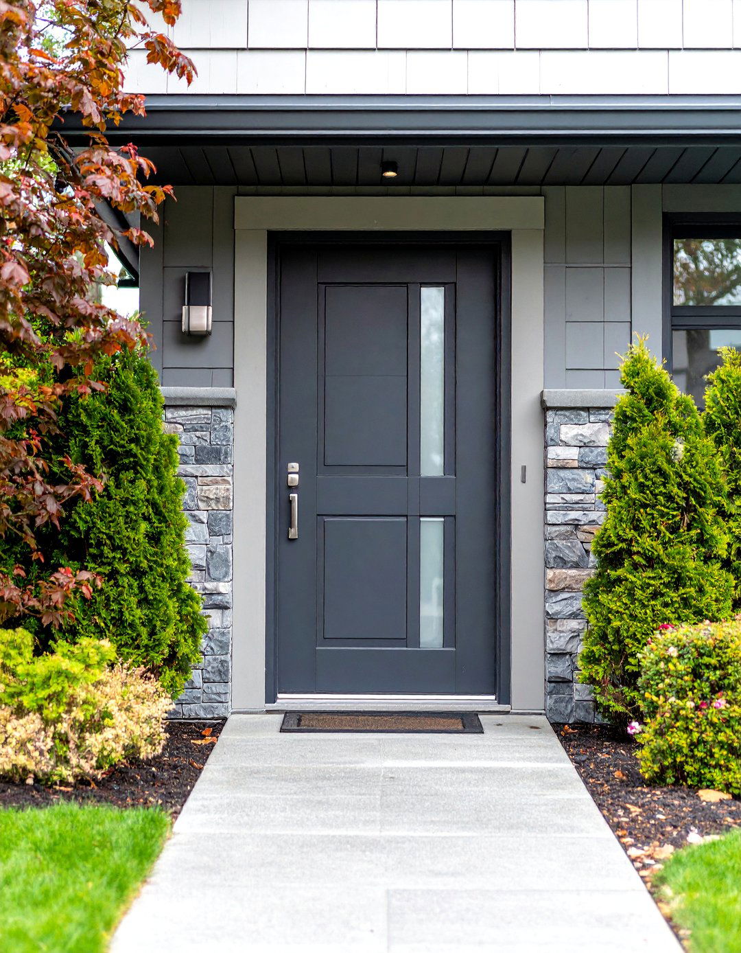 Contemporary Dark Gray Door with Brushed Steel Hardware - 25 Dark Gray Front Door Ideas