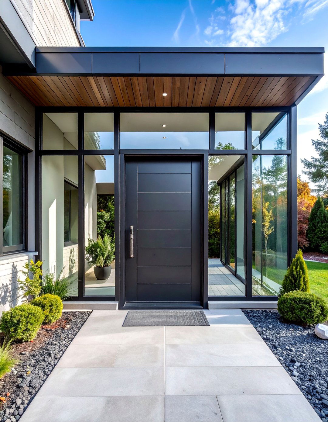 Contemporary Dark Gray Door with Sleek Glass Panels - 25 Dark Gray Front Door Ideas