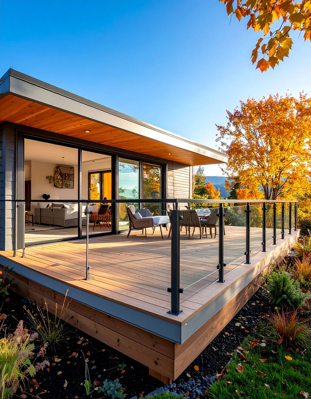 Contemporary Deck with Glass Railing System - 25 Mobile Home Deck Ideas